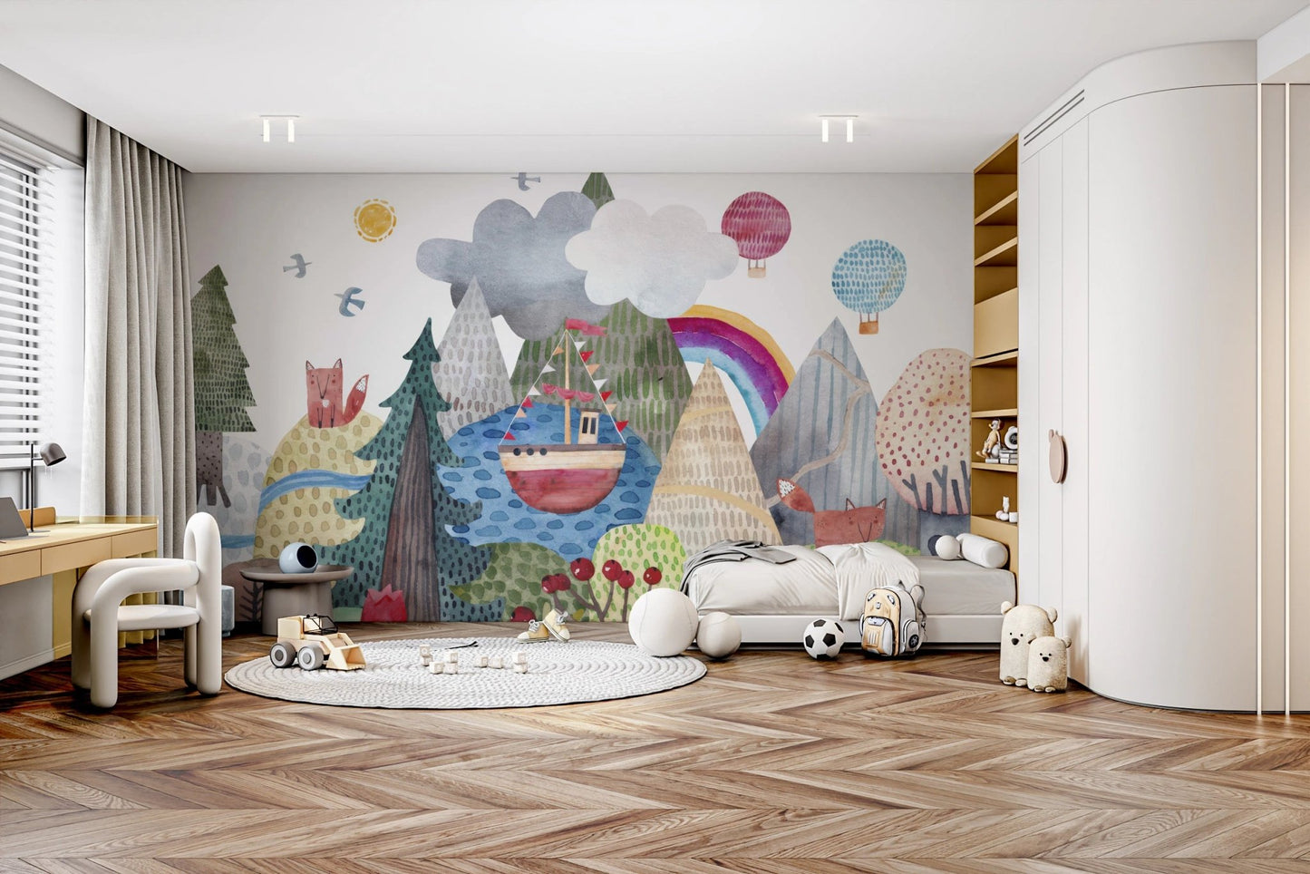 Nordic style mountain mural with birds and sun.