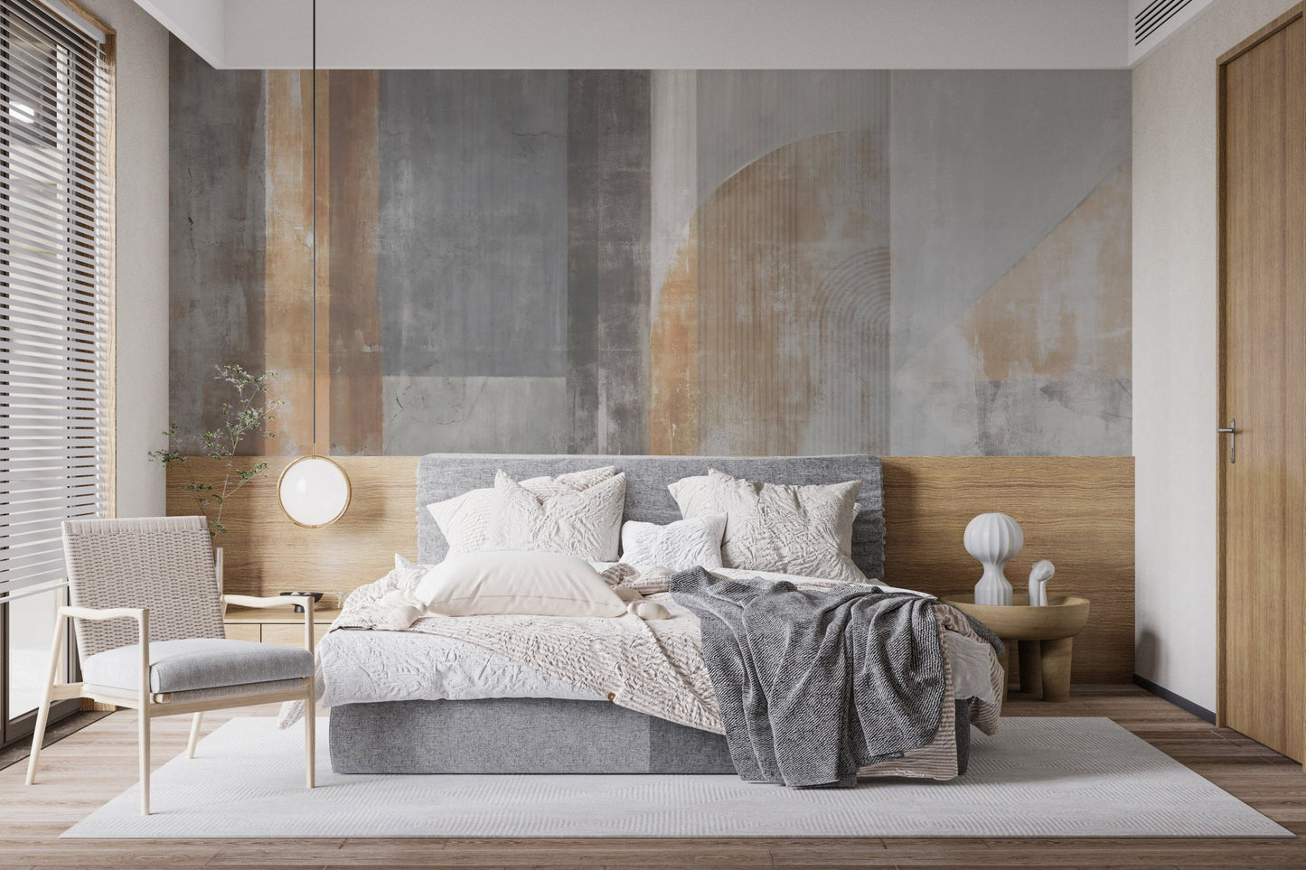 Stroke Patterns Wall Mural in a bedroom with light wood flooring.