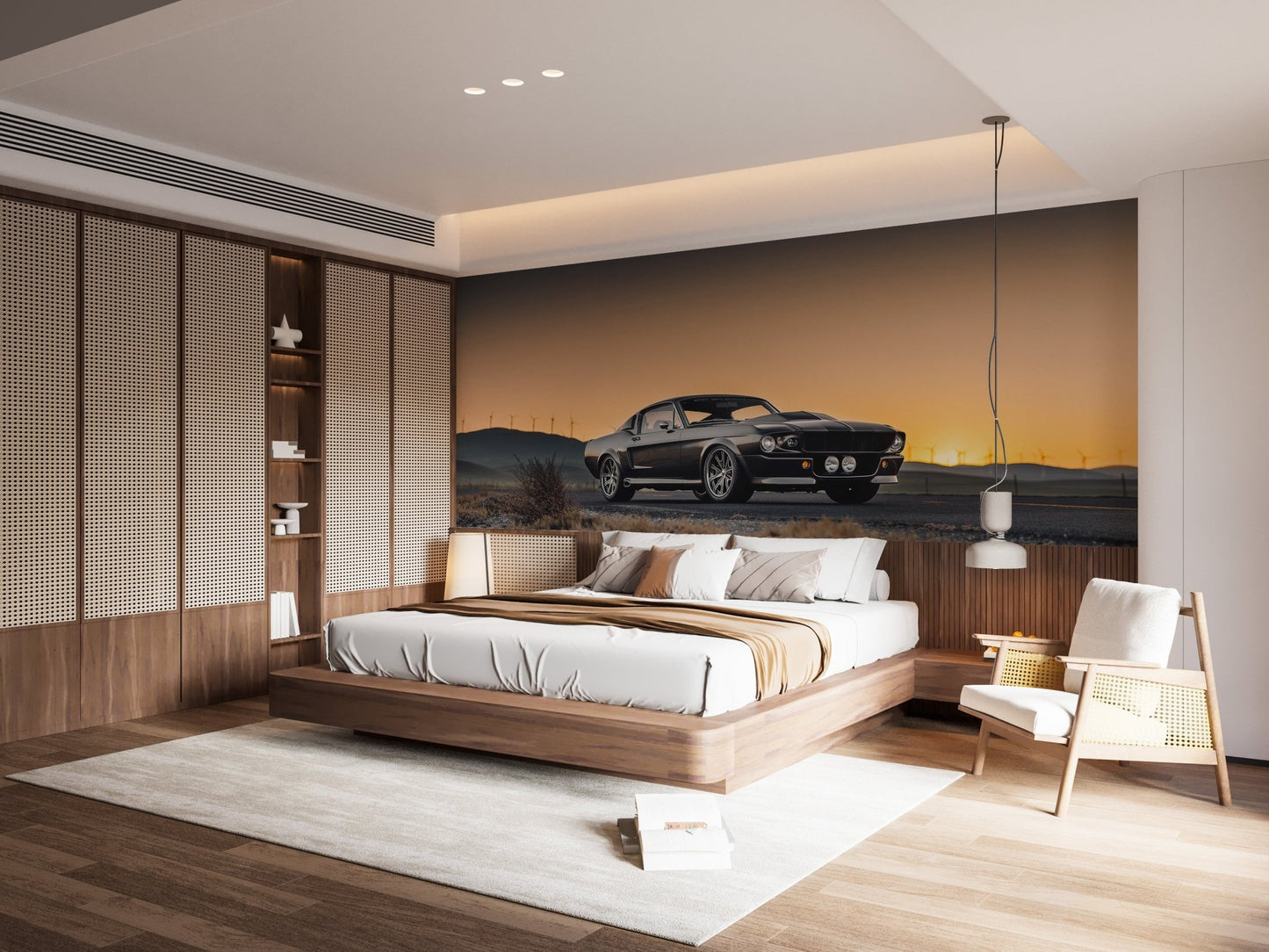 Dramatic sunset mustang wallpaper wall mural print.