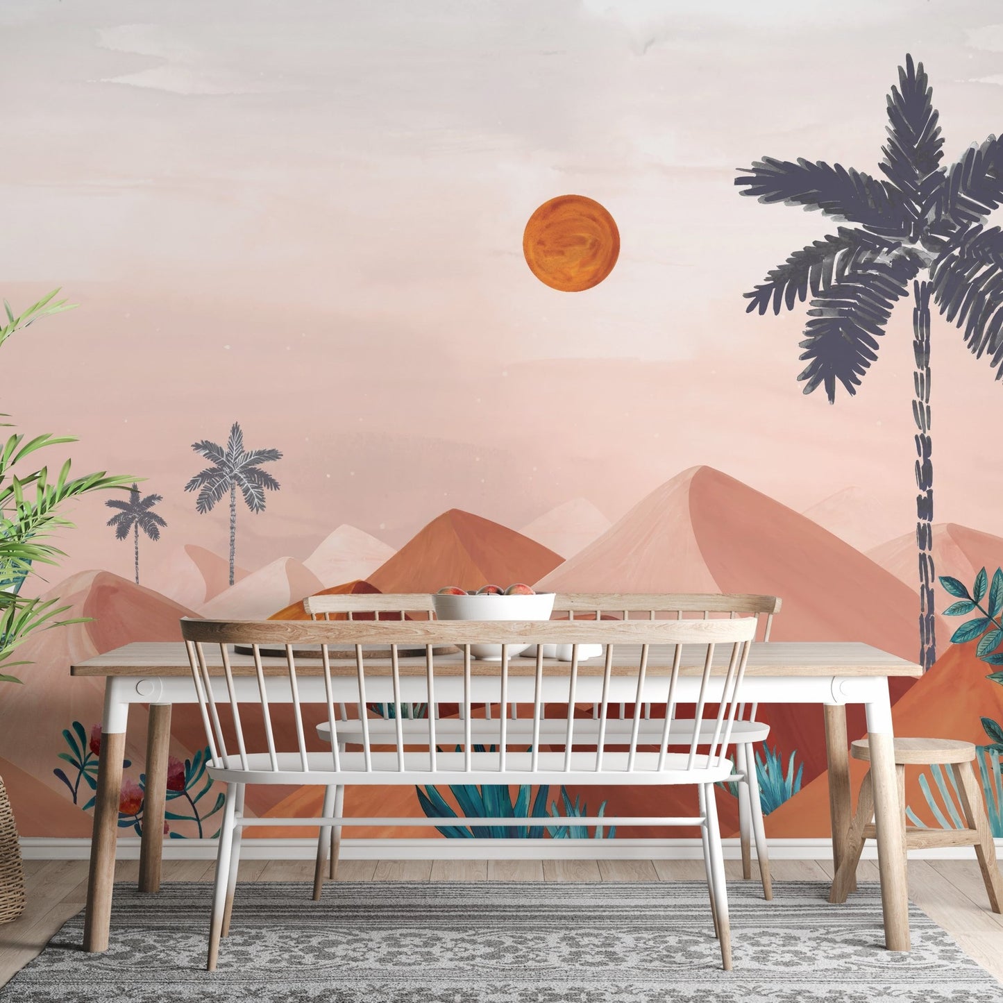Tropical oasis sunset wallpaper mural in modern style.