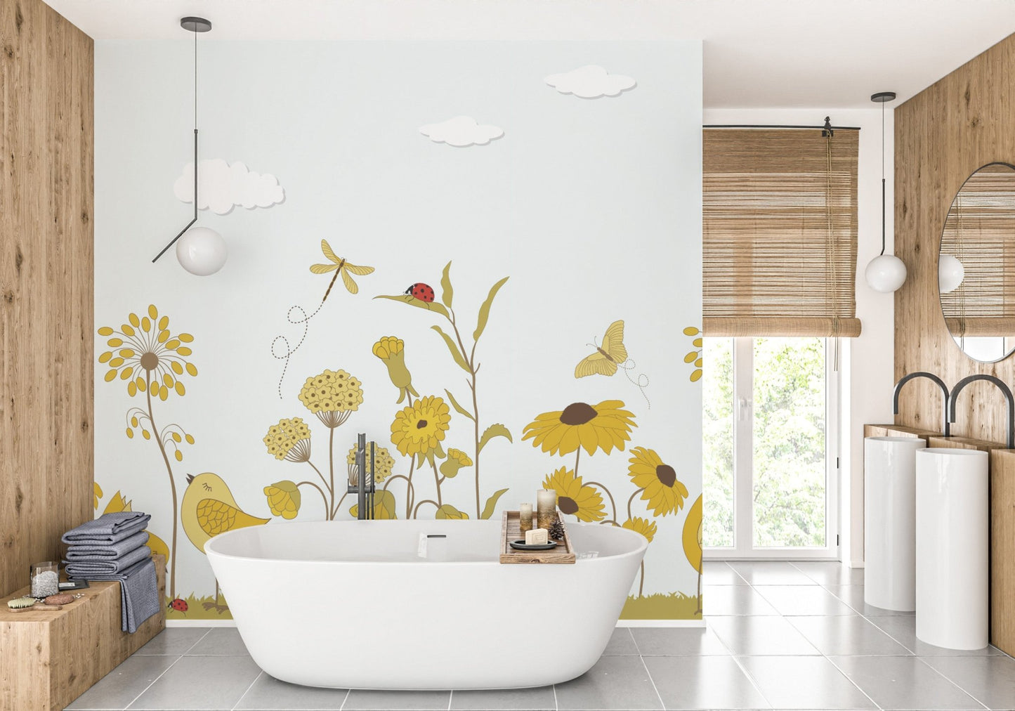 Wall mural with sunshine serenade design for dynamic bathroom interiors.