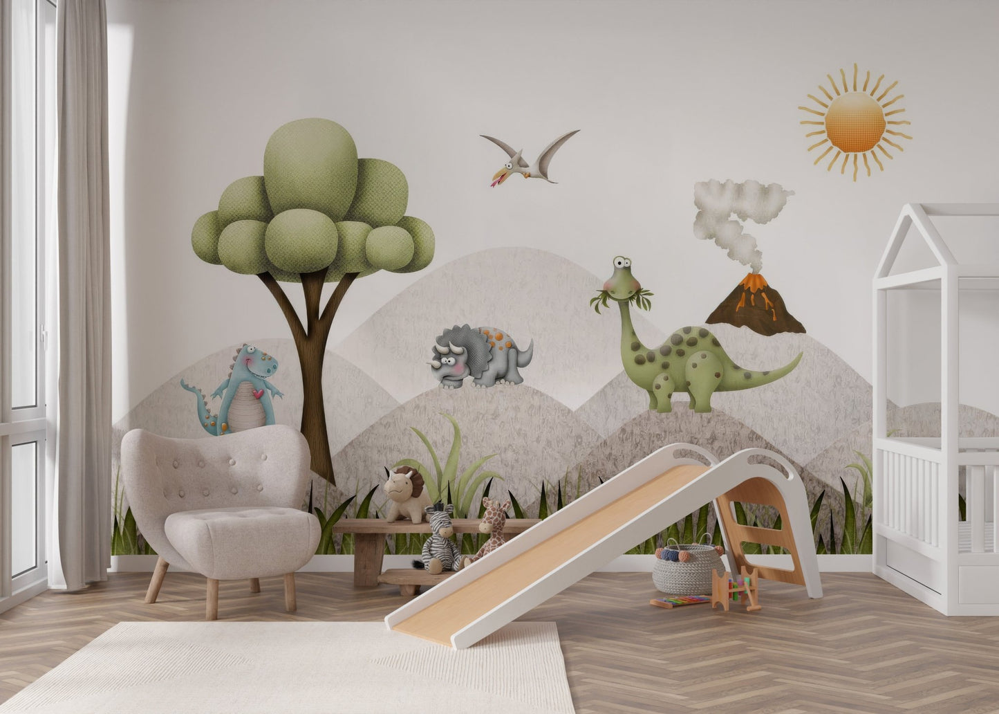 Textured grey mountains under a yellow sun wall mural for nursery.