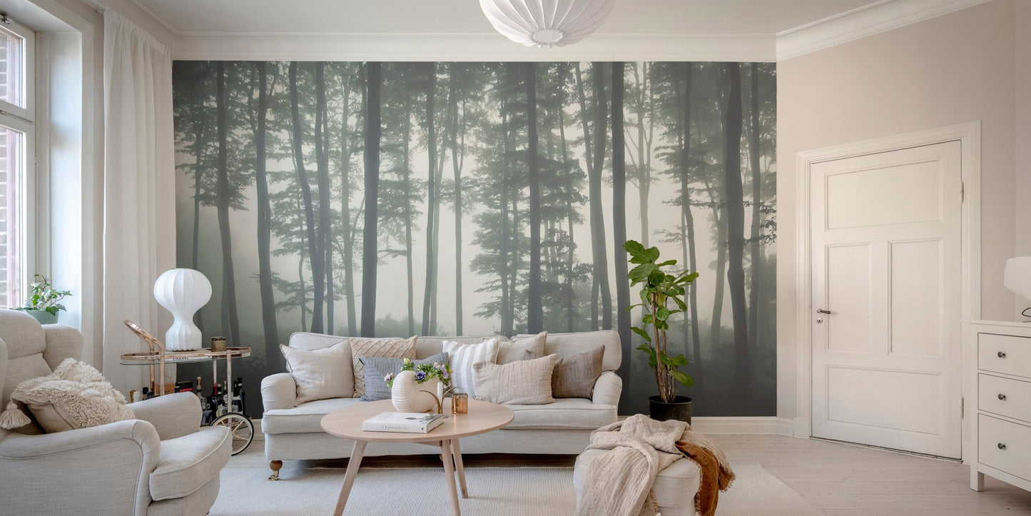 Grey forest timberland wall mural in a contemporary sitting room.