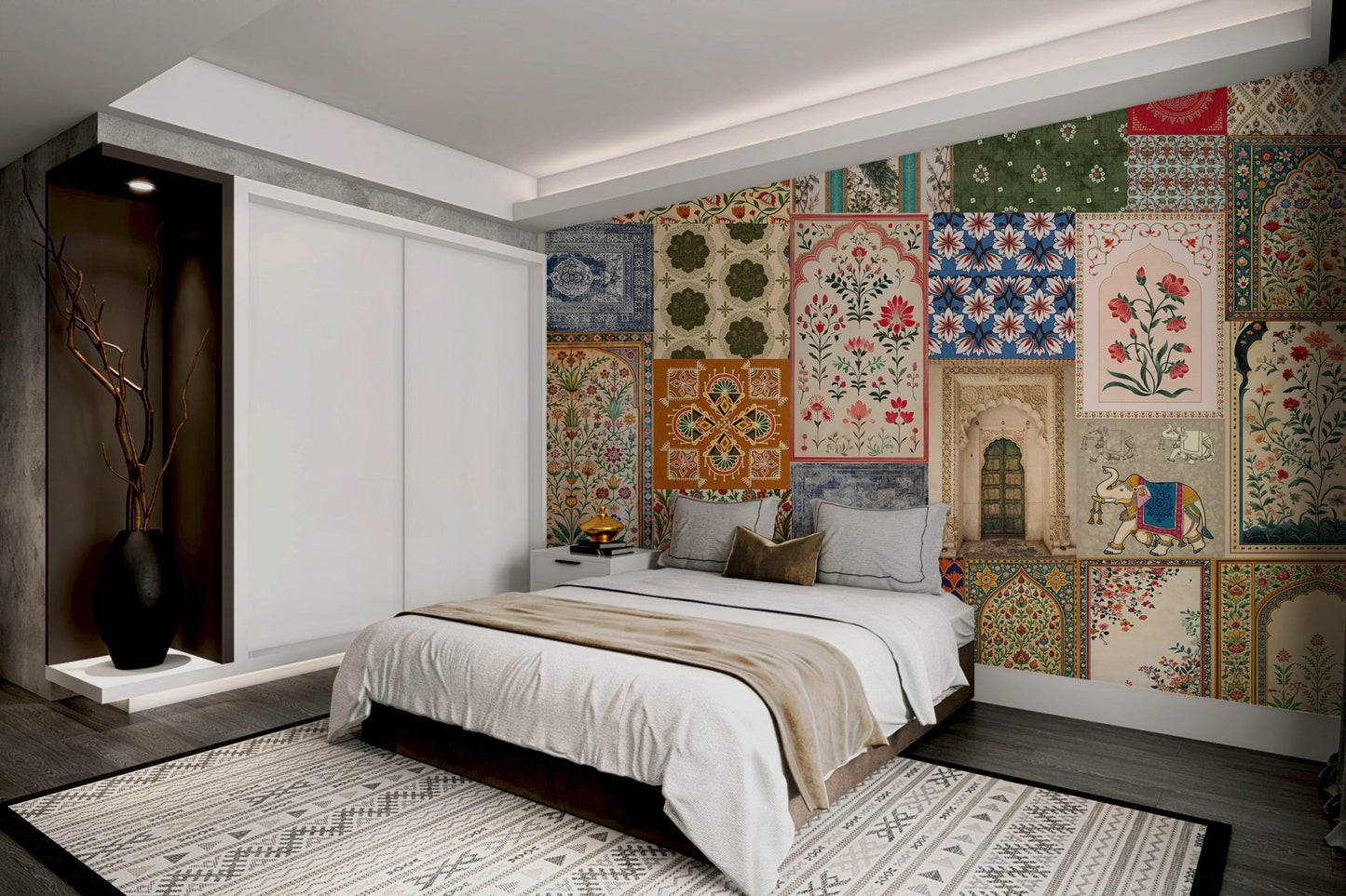 Earthy orange and green wall mural featuring lotus and tree in bedroom.