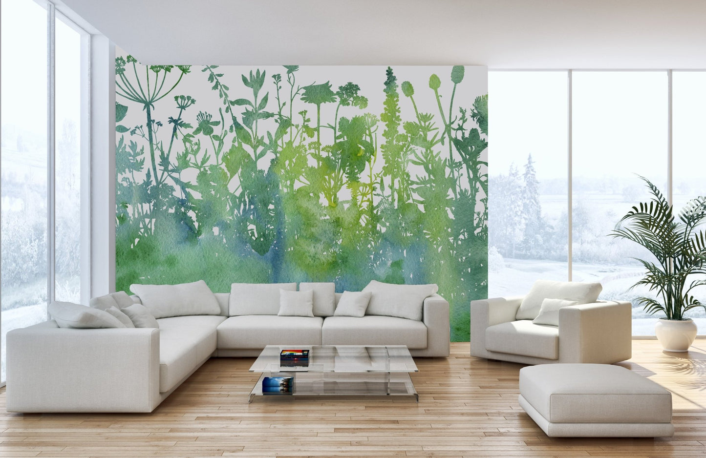 Green foliage tree wall mural behind a comfortable sofa arrangement