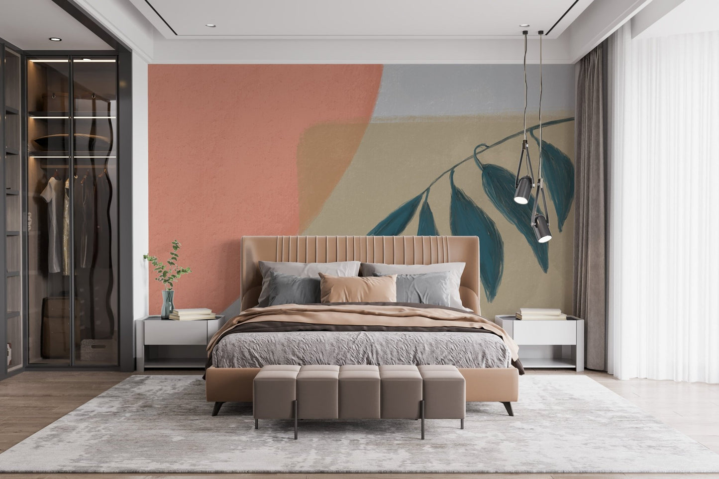 Tranquil foliage wallpaper mural with organic shapes.