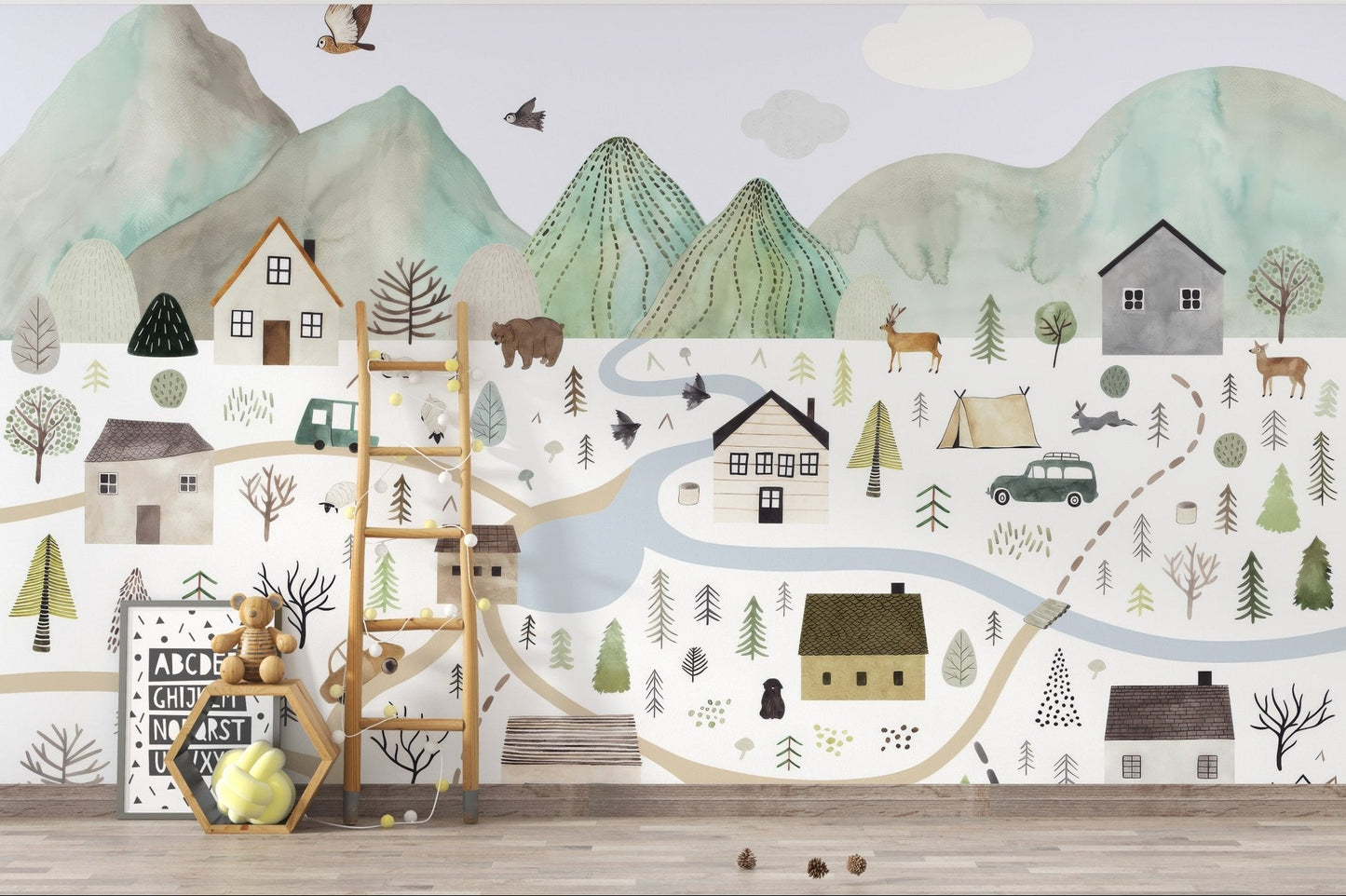 Calm mountain range wall mural with illustrated woodland.