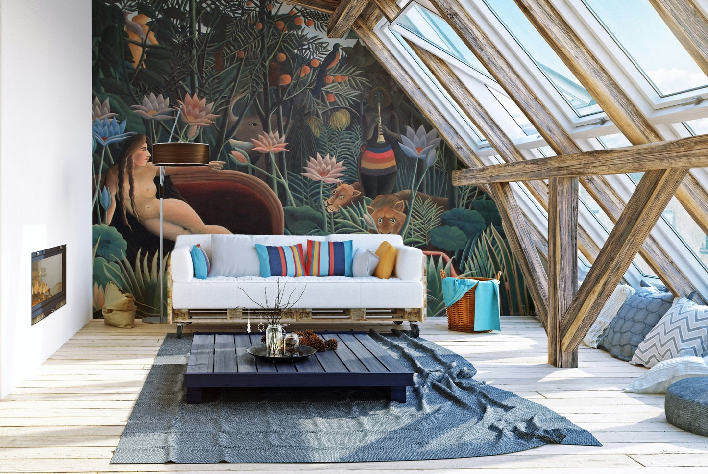 Attice living space with skylights and a vibrant jungle art wall mural.