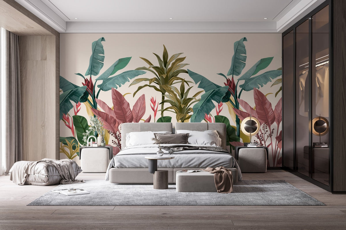 Banana leaves mural creating a tropical ambiance for bright bedroom walls.