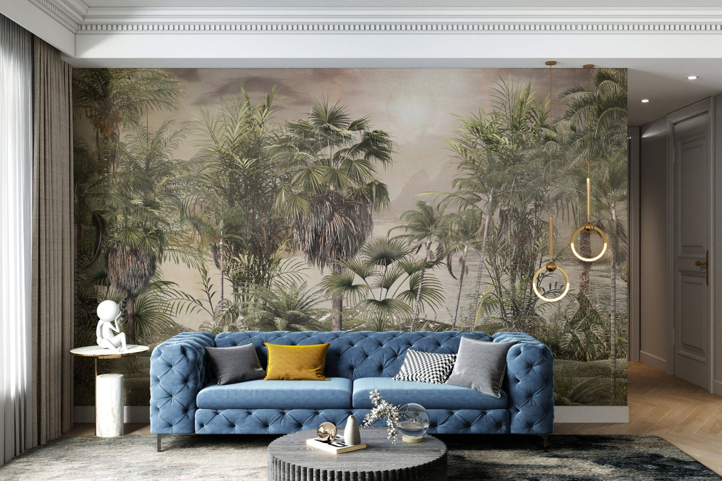 Vintage style green rainforest wall mural for modern apartment interiors.