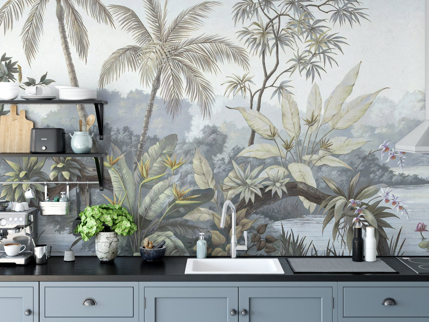 Kitchen area featuring a jungle botanical wall mural above a dark countertop.