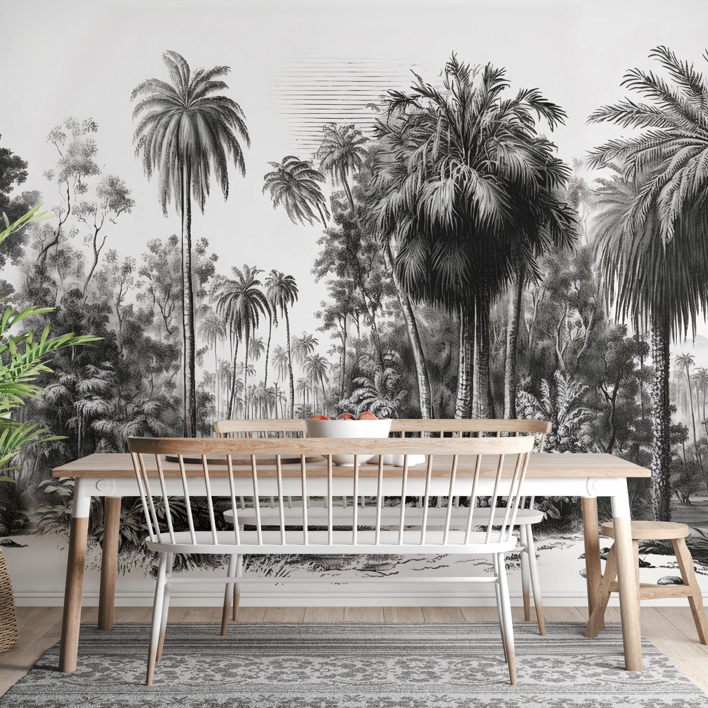 Breakfast nook with a wooden table and a Tropical Gray Forest Wall mural.