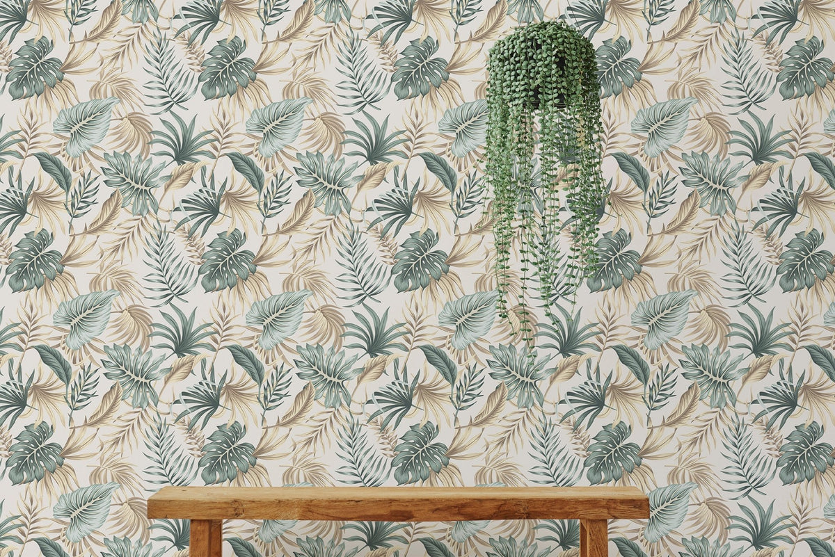 Wooden bench in front of Tropical Green Foliage Palm Leaves Beige Wallpaper.