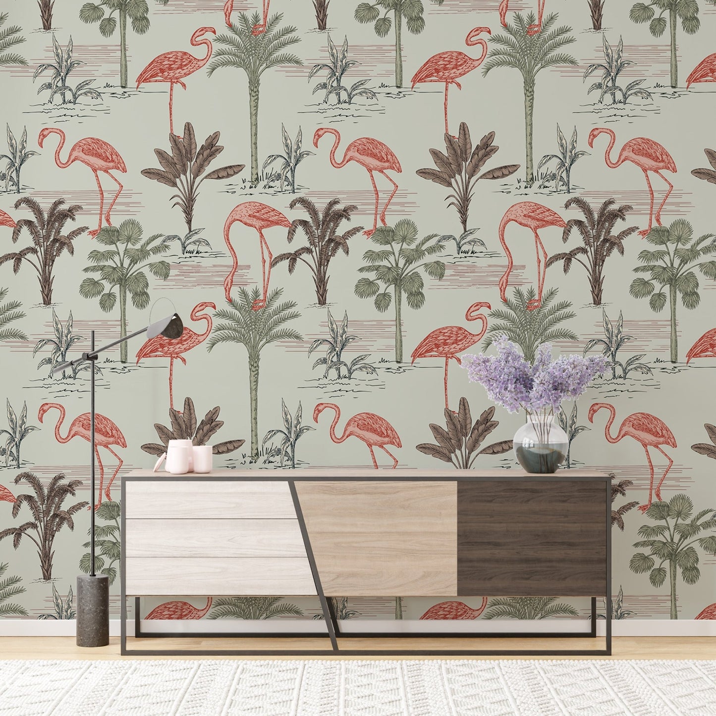 Floral and palm tree wallpaper with pink flamingo designs