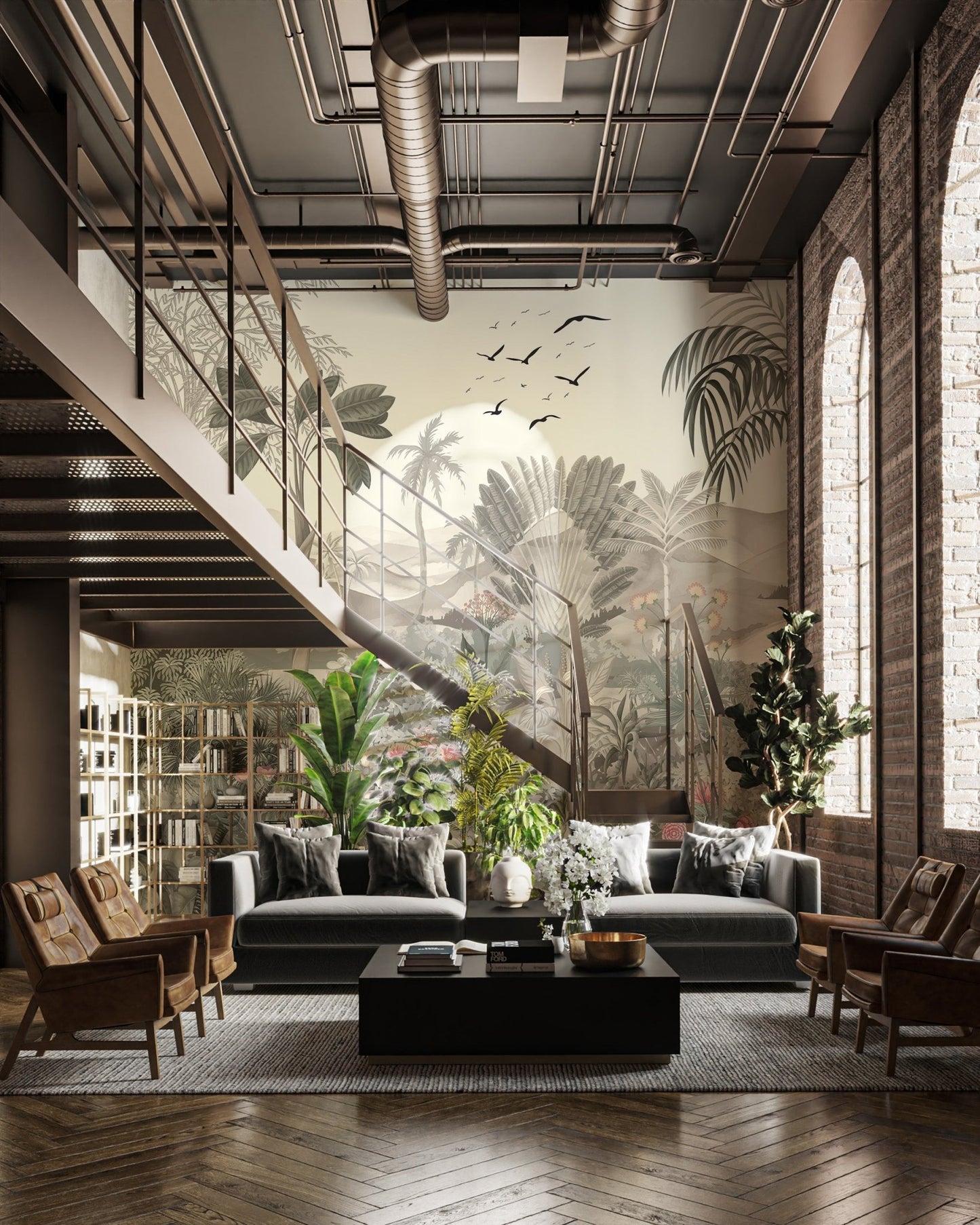 Hand drawn style wall mural with exotic plants and birds.