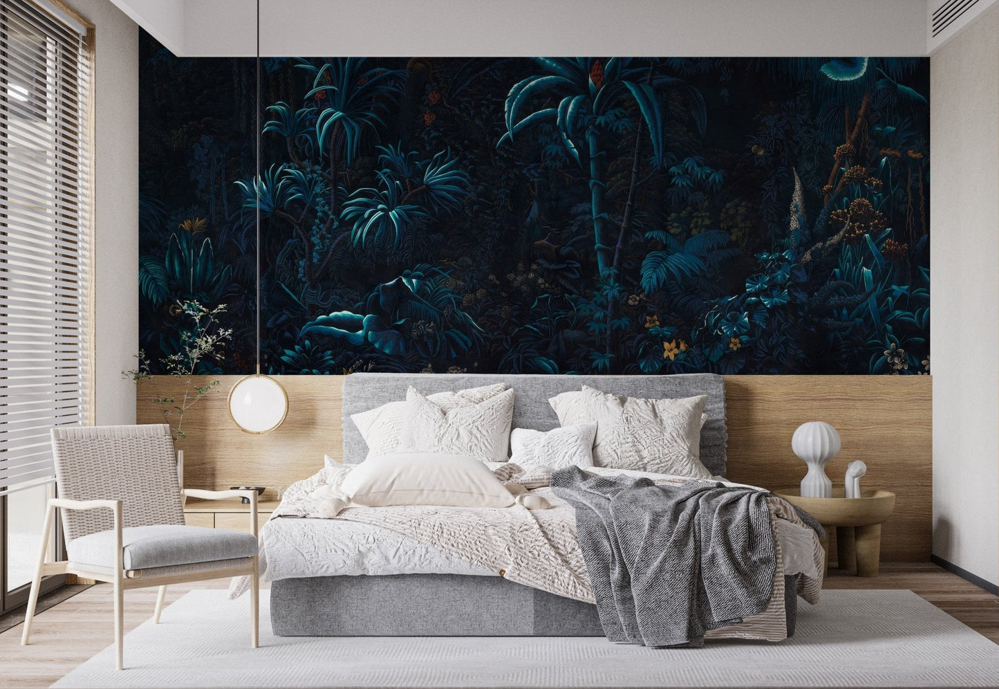 Palm and fern silhouettes with cool glow wall mural.