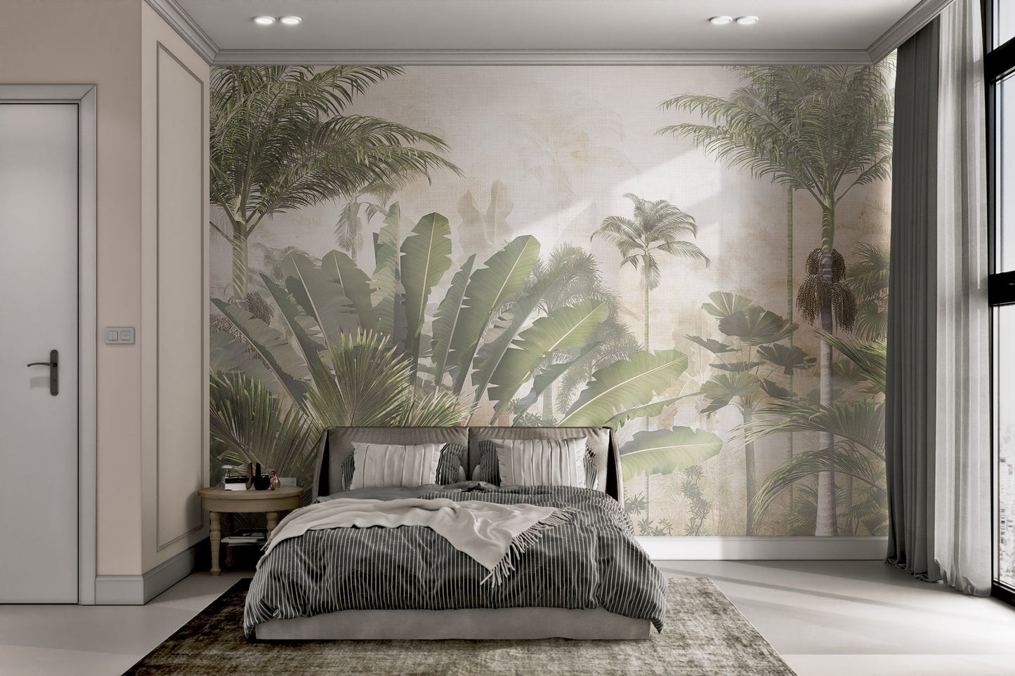 Tropical trees and leaves wall mural with lush greenery.