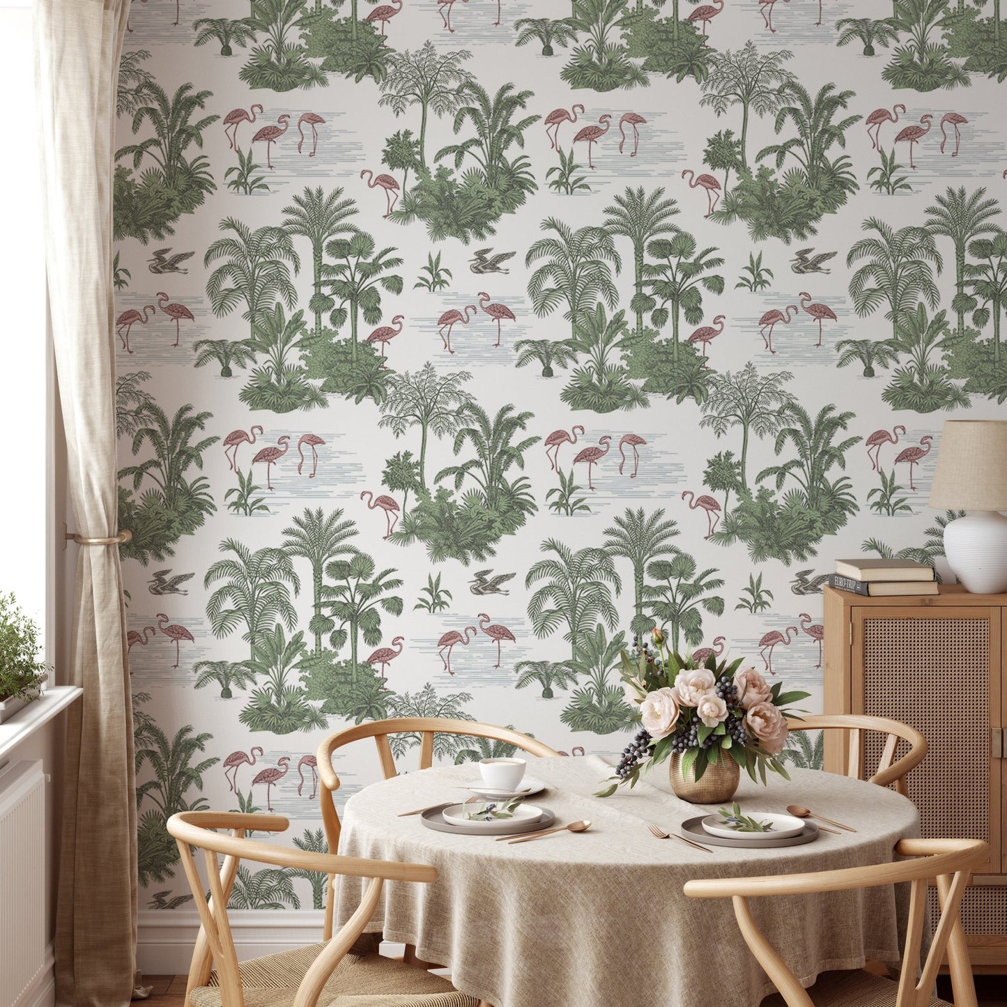 Flamingo Jungle Toile Wallpaper in a dining area with a round table and chairs.