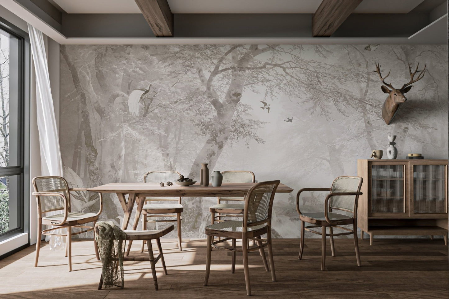 Sepia tone woodland landscape mural for contemporary dining room.