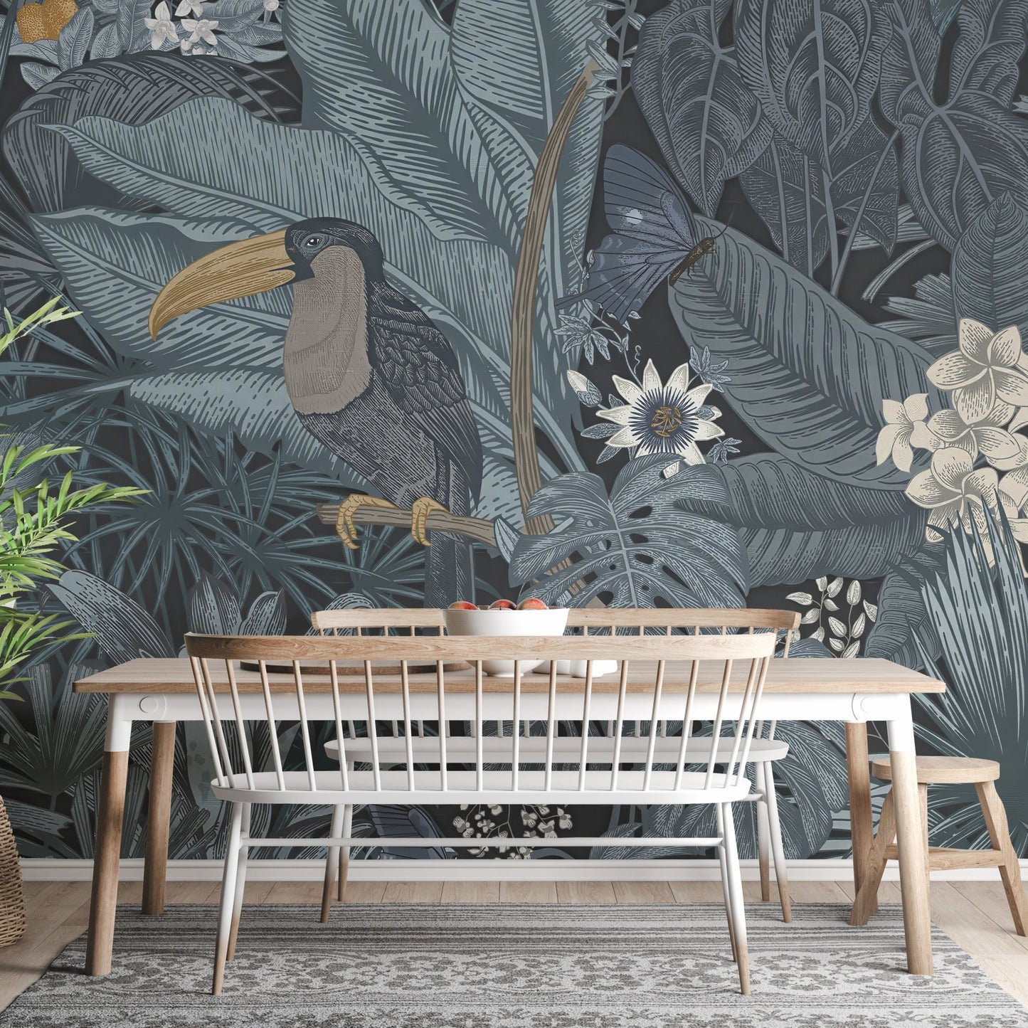 Artistic tropical bird wallpaper wall mural with layered foliage.