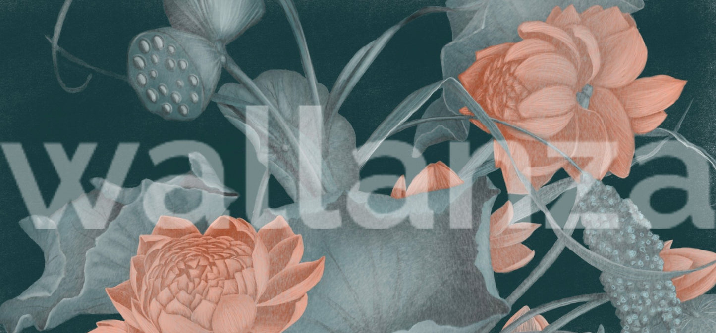 Grey and teal floral garden wall mural applied to a interior wall with white shelving.