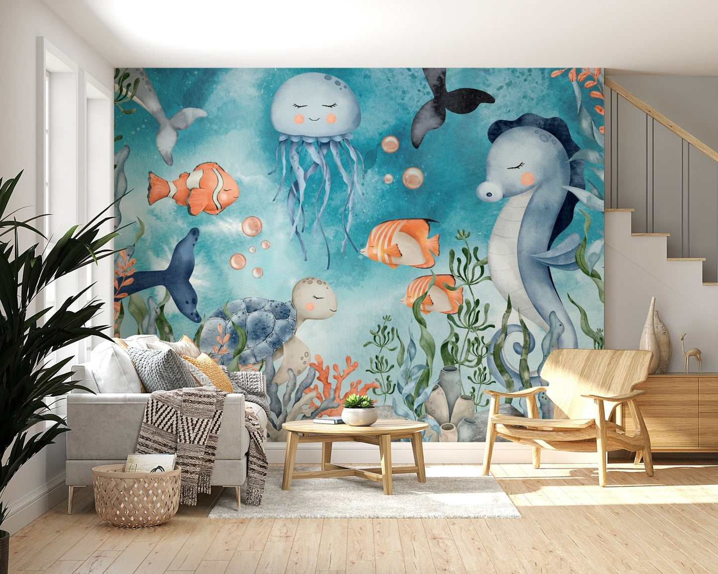 Close-up of artistic sea creature details on peel and stick wallpaper.