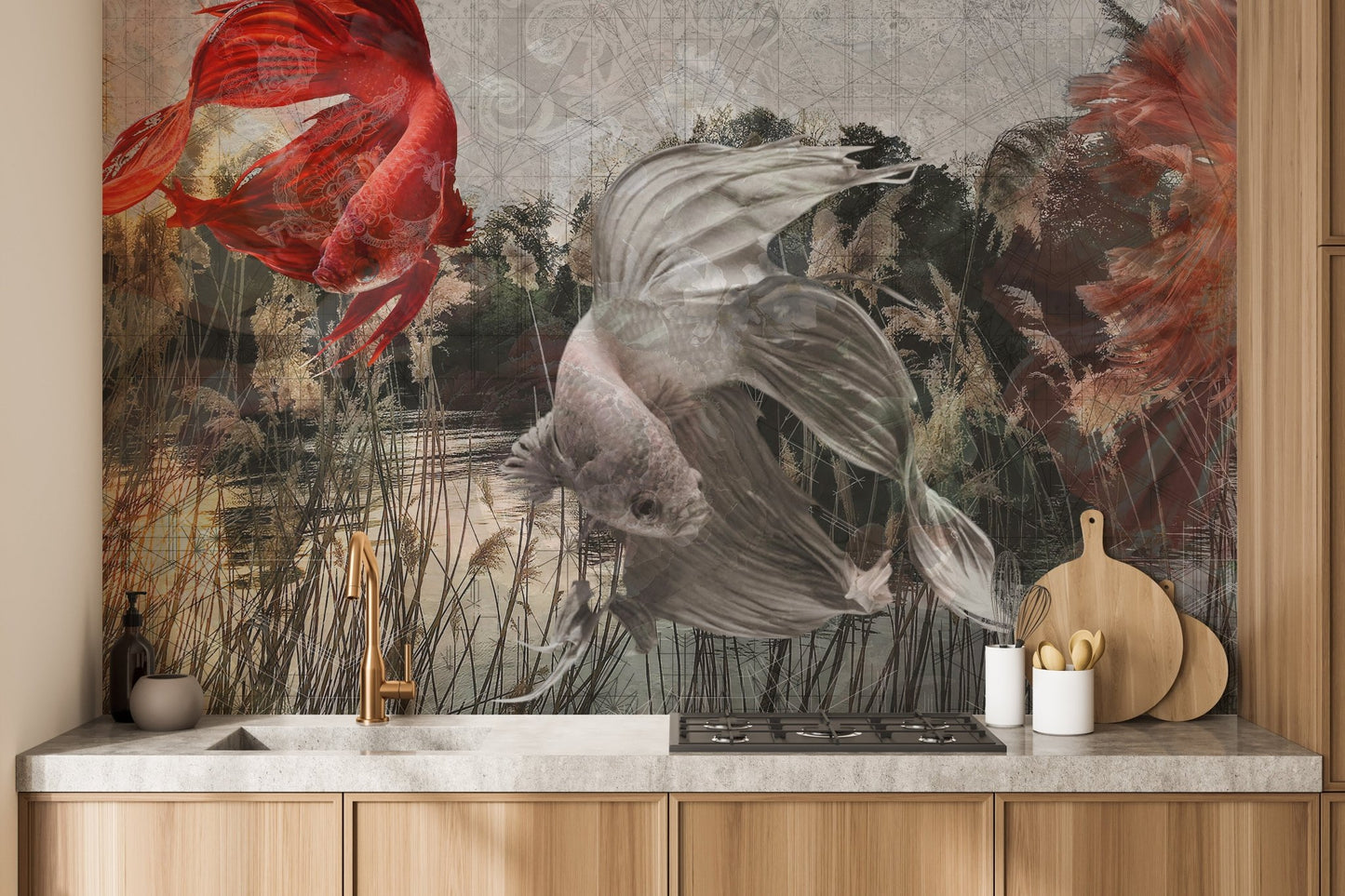 Underwater Fishes Wall Mural on a kitchen backsplash.