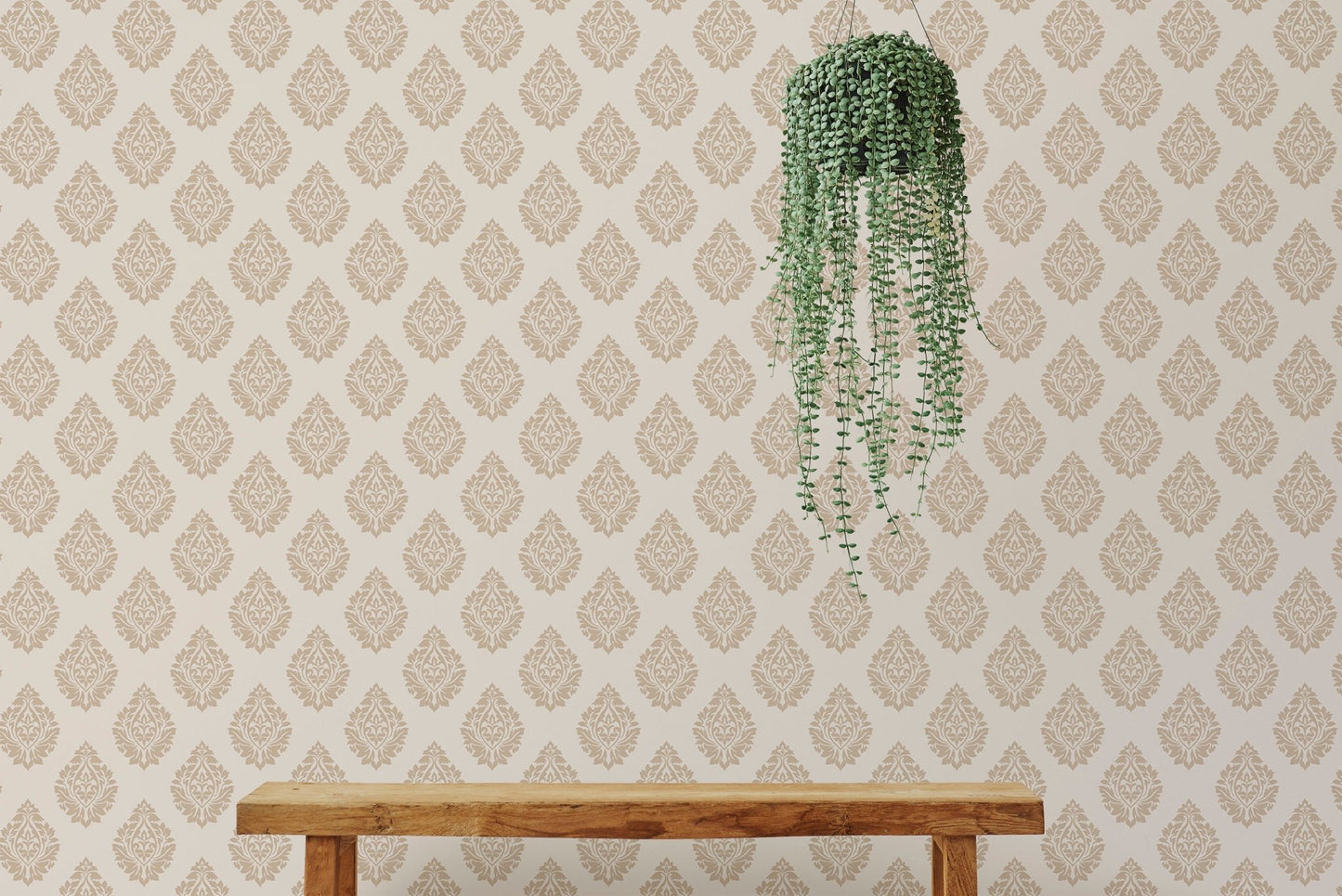 Brown butta wallpaper featuring a hanging green plant over a wooden bench.