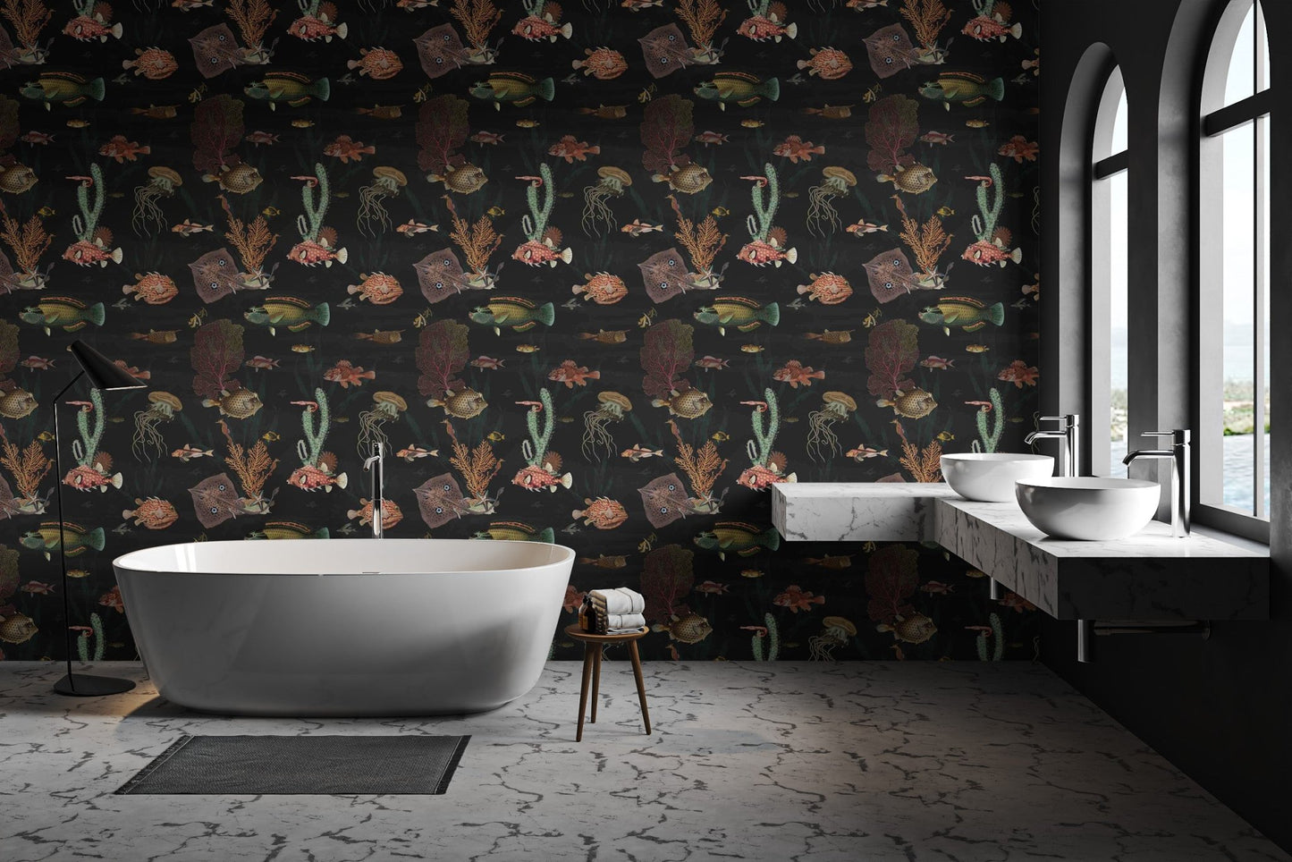 Vintage black fish wallpaper with repeat design for luxury bathroom.