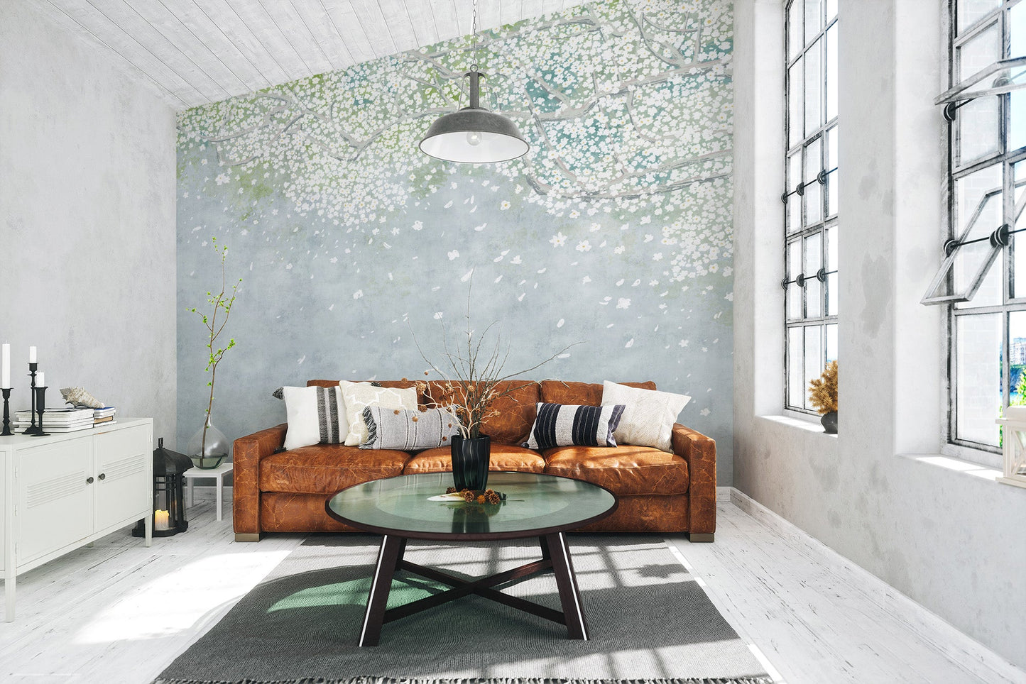 Soft sage floral wallpaper artistic arbor wall mural.
