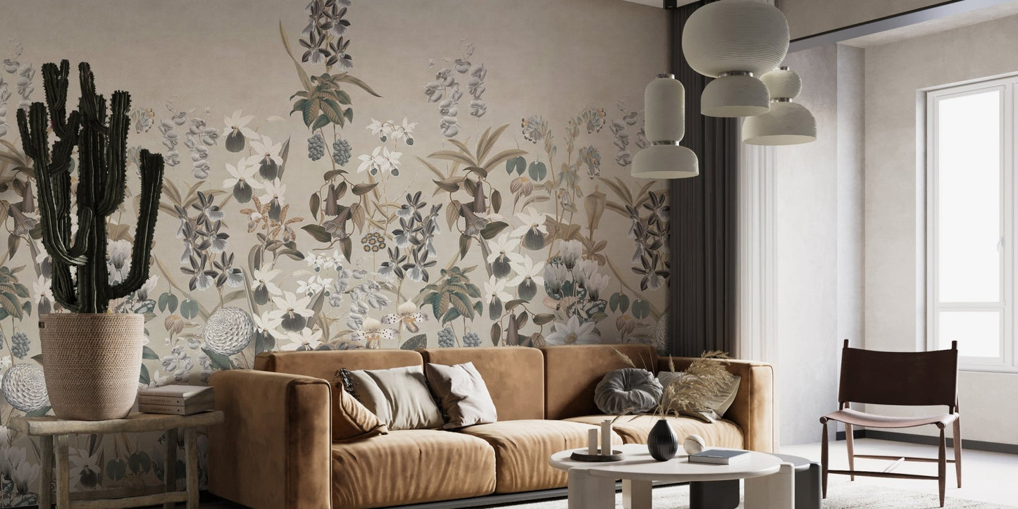 Earthy botanical wallpaper wall mural with classic floral layout.
