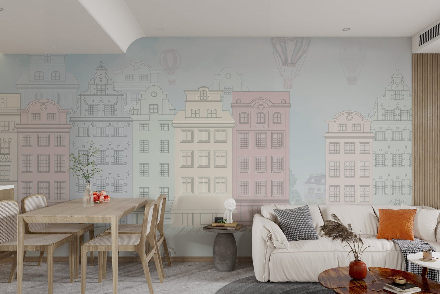 Vintage European-style mural with a boulevard of pastel buildings.