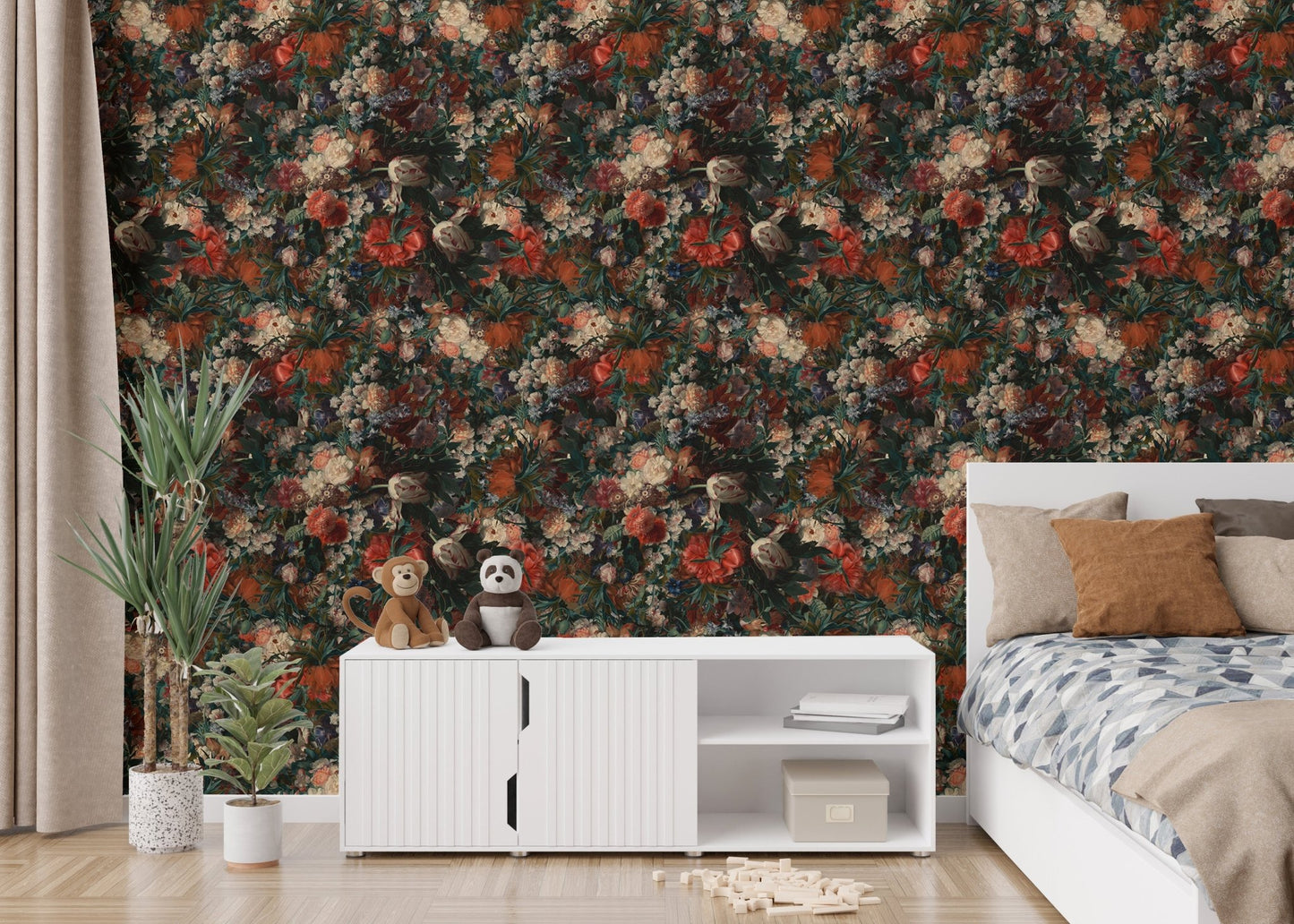 Bedroom with a flower wallpaper feature wall and white media console unit.