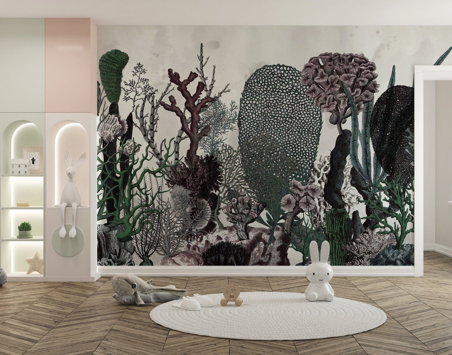 Minimalist wall mural featuring cacti and leaves in a contemporary play space.