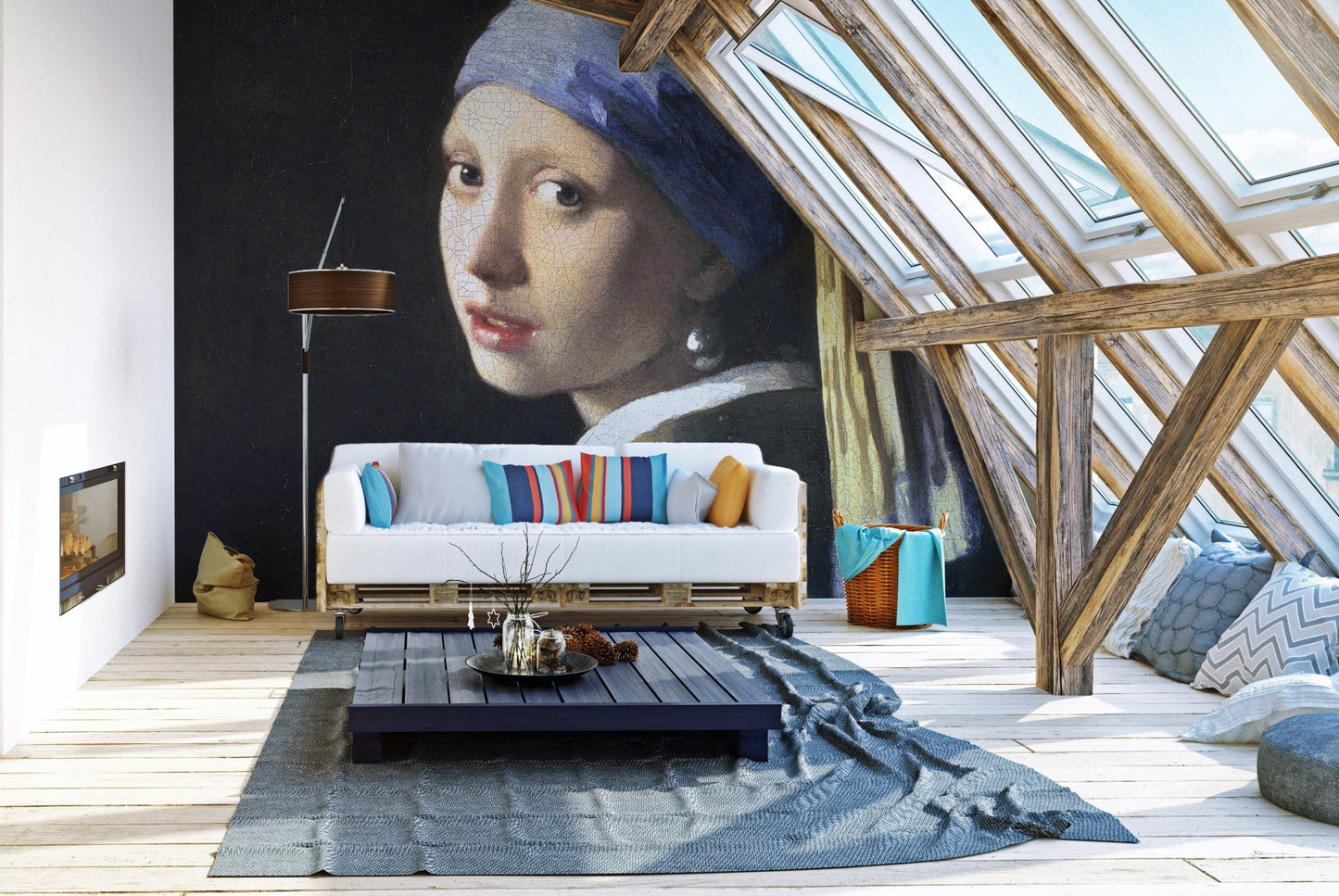 Vintage Girl Portrait Wall Art Mural in a modern attic living room with skylights.