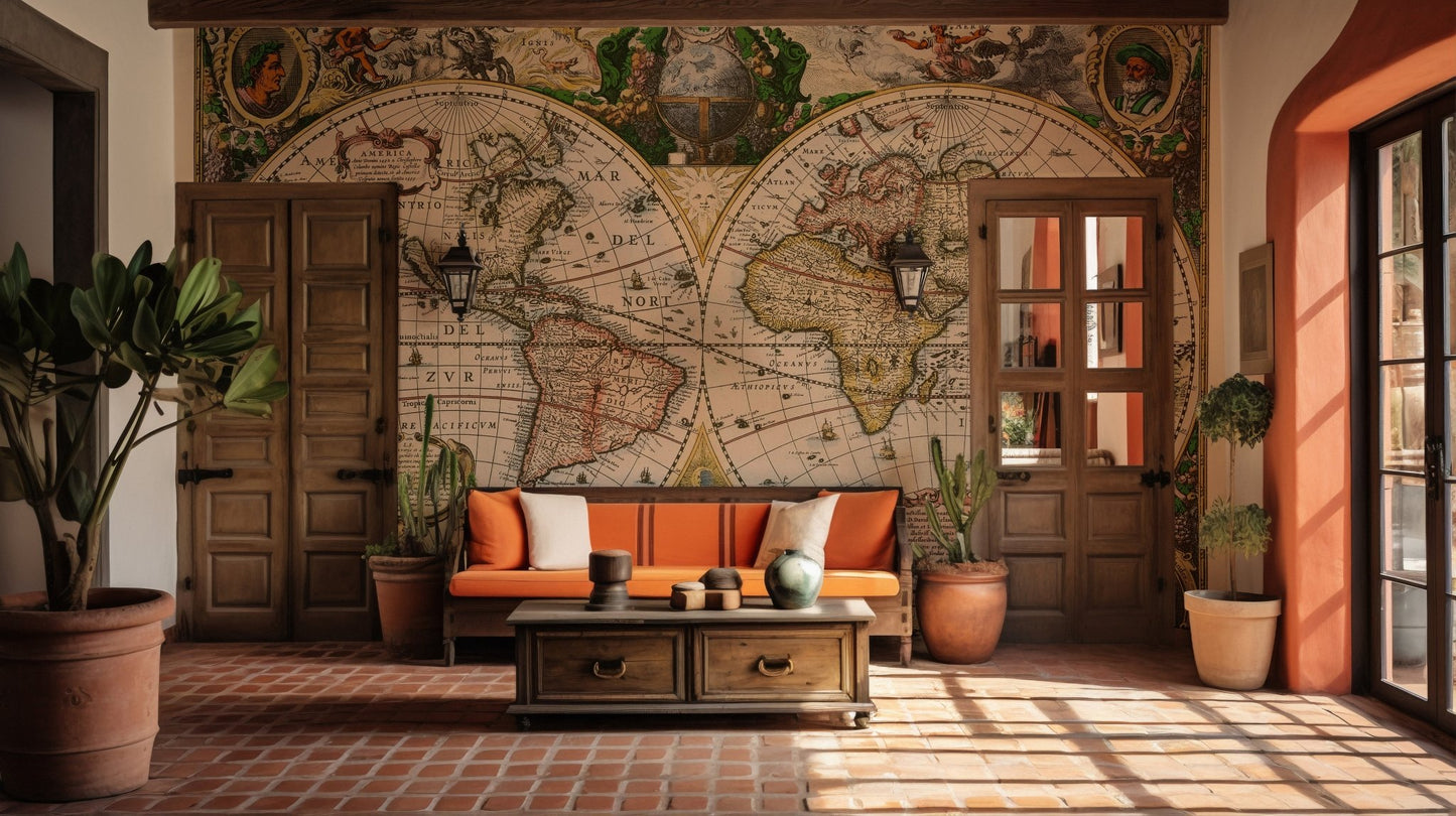 Terracotta style map wall mural in an indoor patio area.