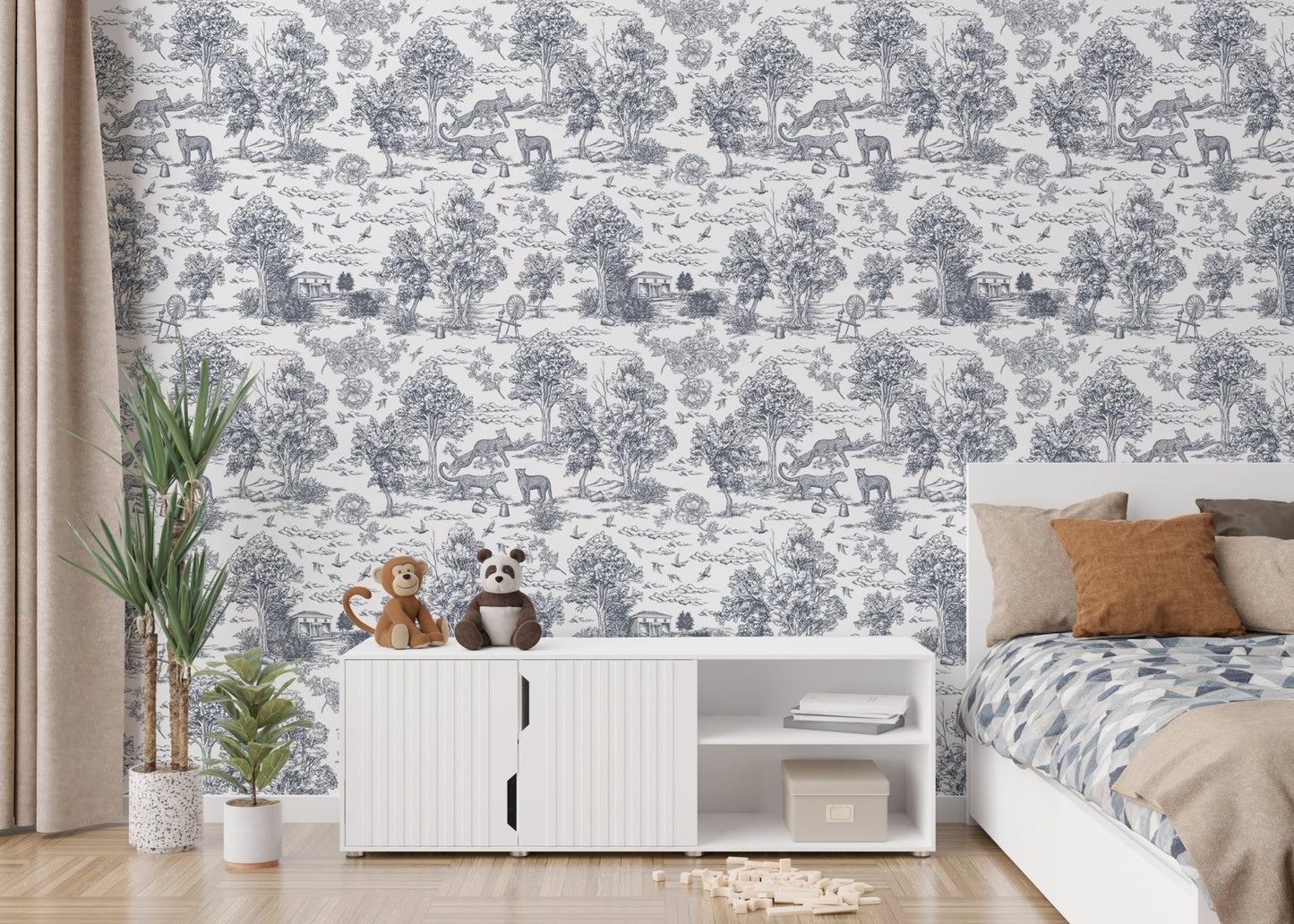 Vintage forest wallpaper in a bedroom with a white cabinet and green plants.