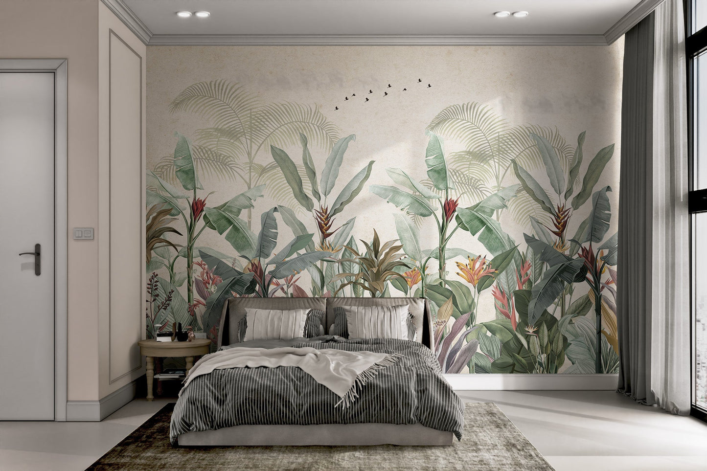 Botanical mural with red lily and palm tree patterns.