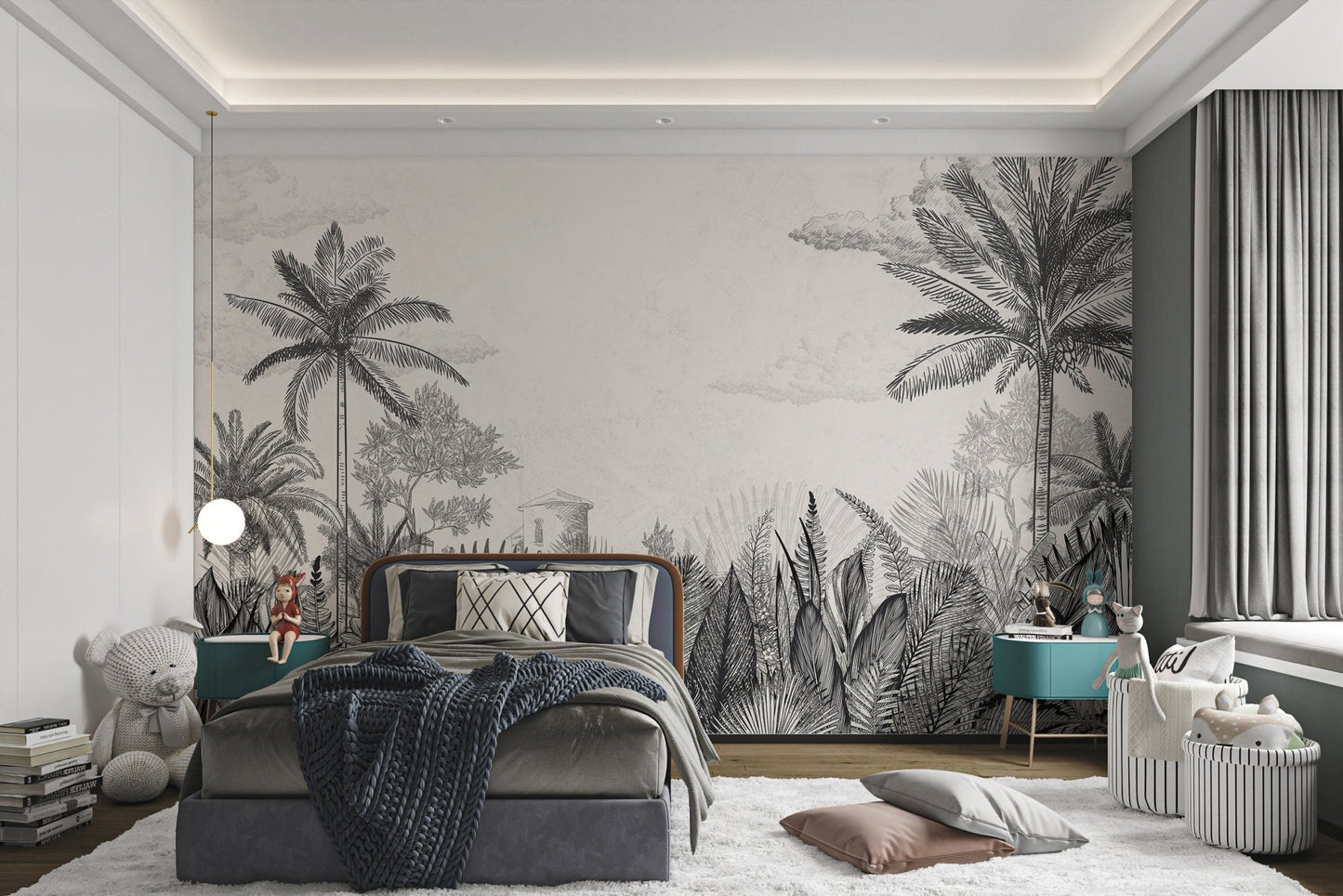 Detailed monochrome woodland wall mural with sketch style forest.