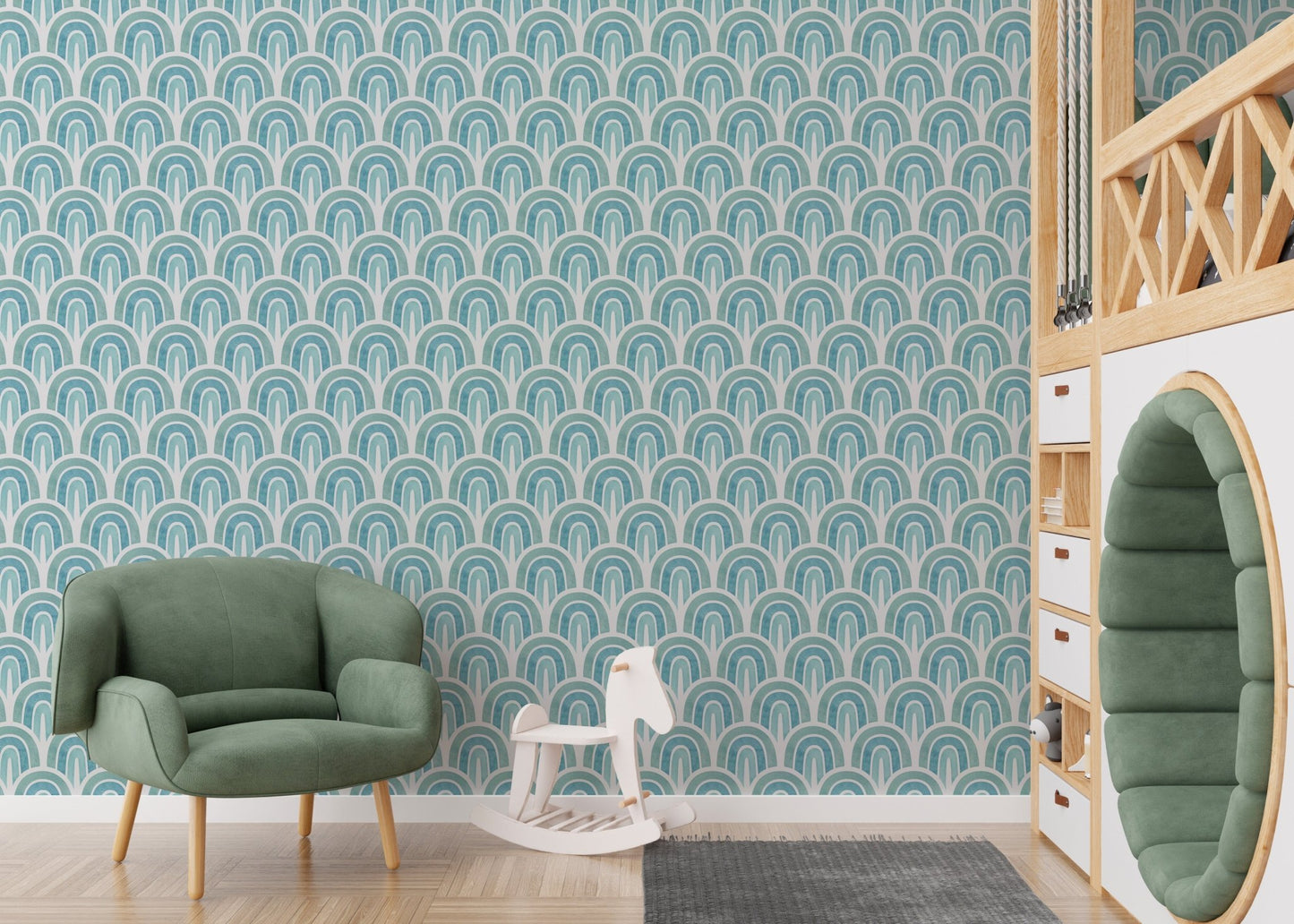 Patterned wall mural for a feature wall in a nursery