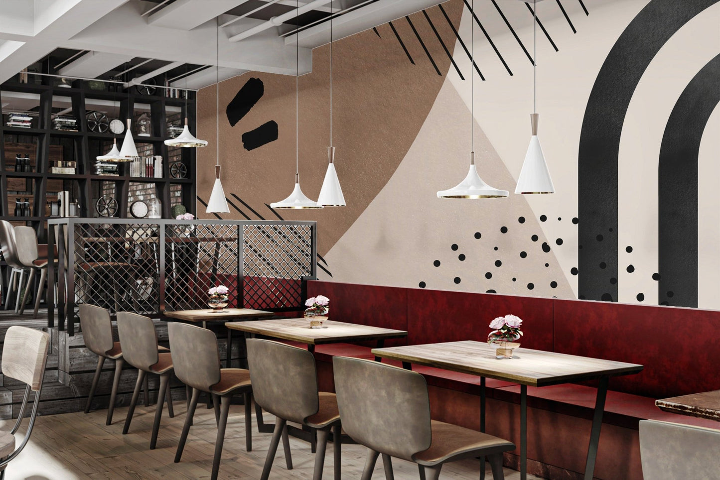 Watercolor Abstract Modern Pattern Mural on a large restaurant wall.