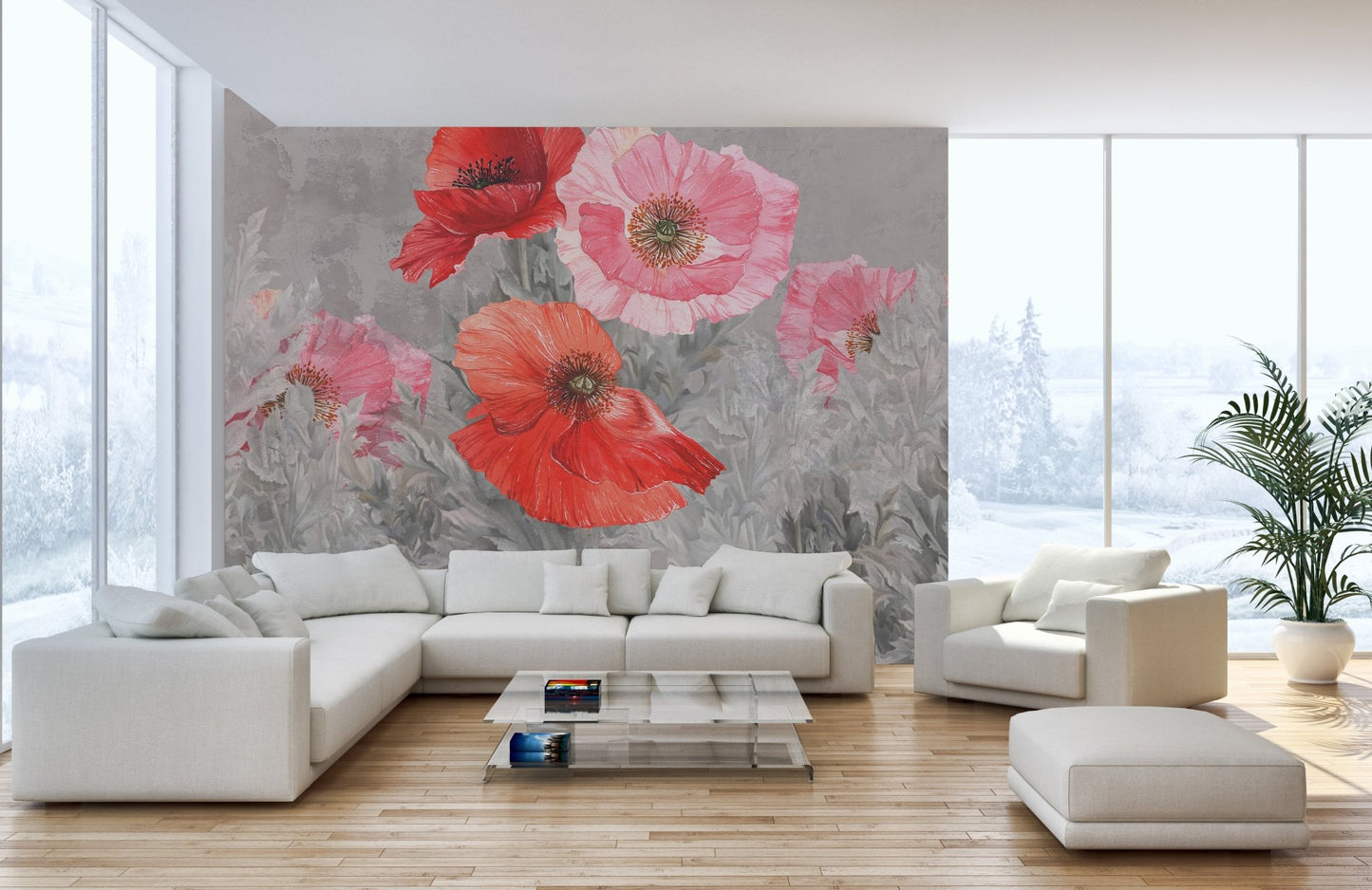 Sitting space featuring a stylish watercolor floral wall mural.