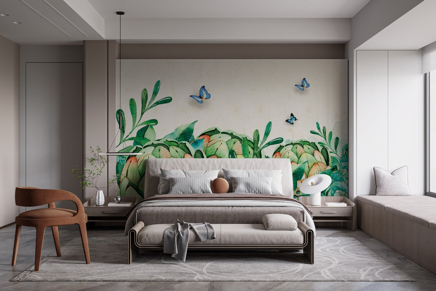 Minimalist bedroom with green leaf paradise wall mural and soft lighting.