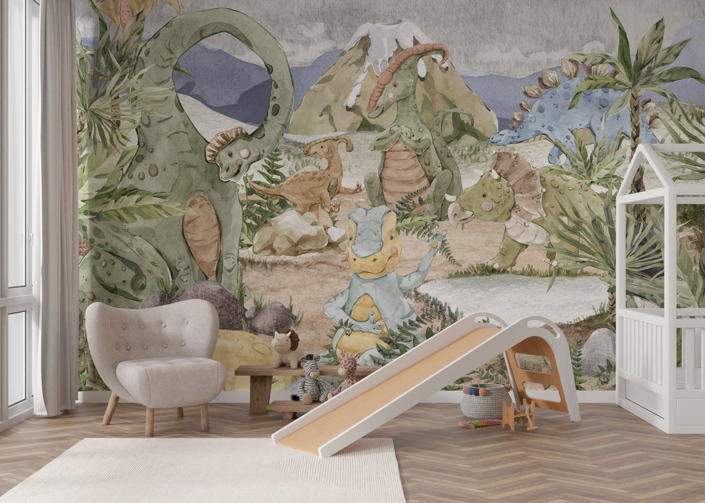 Nature themed watercolor wall mural with brown soil and green palm leaves.