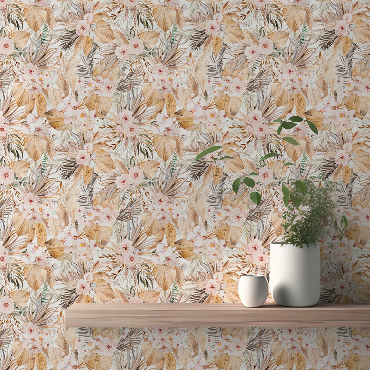 Tropical flower wallpaper with wooden shelf and potted green plant