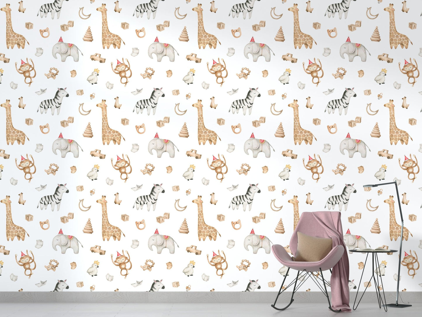 Animal pattern wallpaper behind a pink chair in kids room.