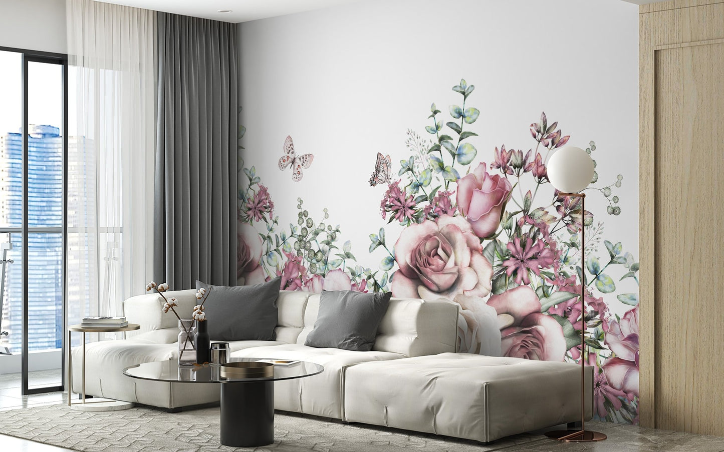Artistic floral view mural in watercolor tones for serene decor.