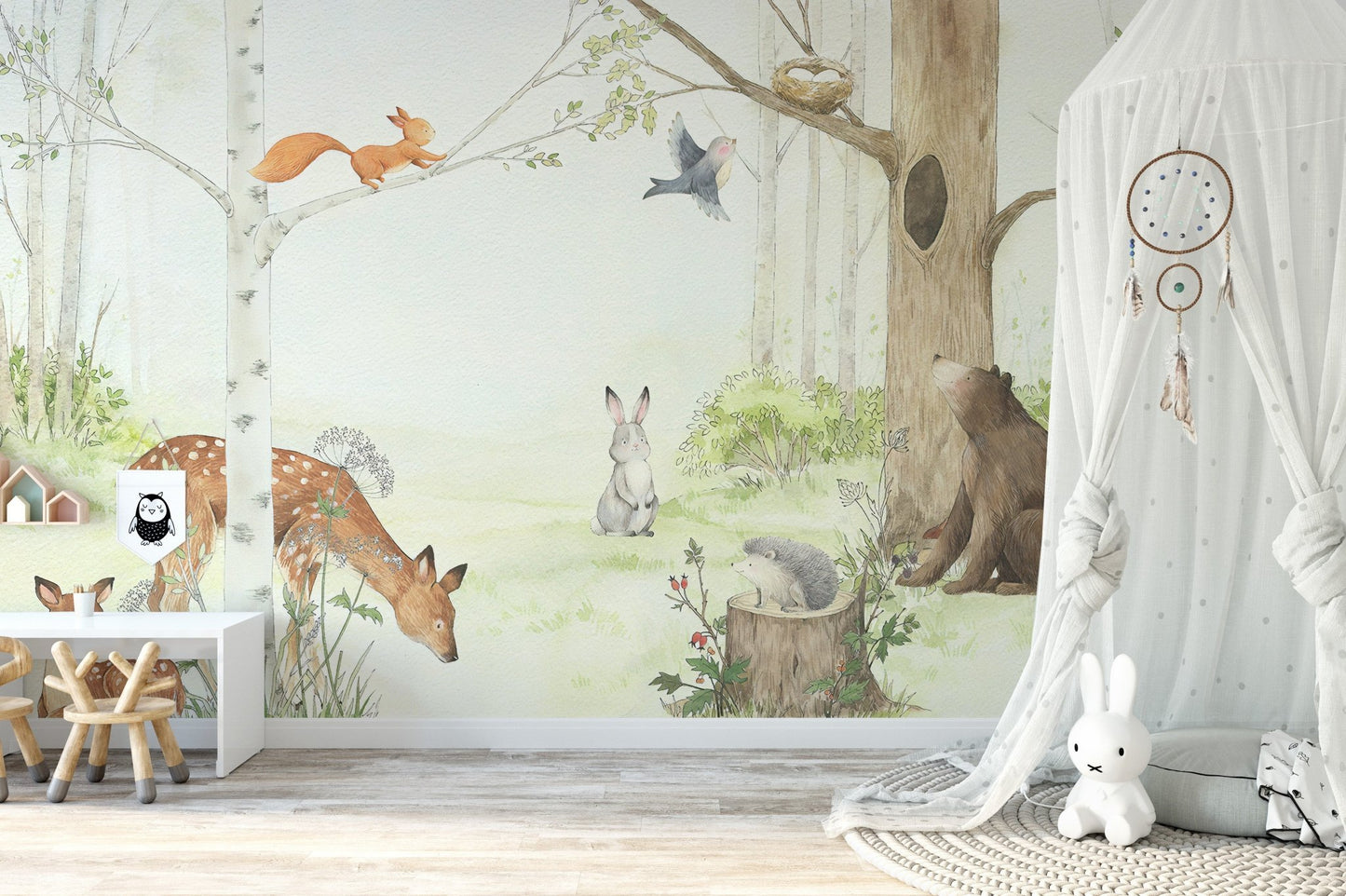 Kids wallpaper with watercolor forest animals in nursery.