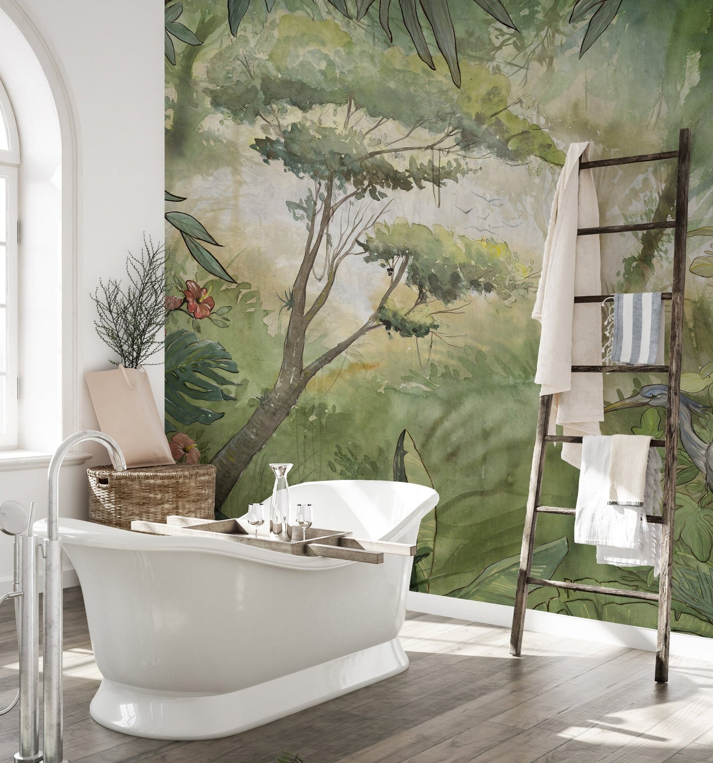Watercolor Forest Nature Mural in a bathroom.