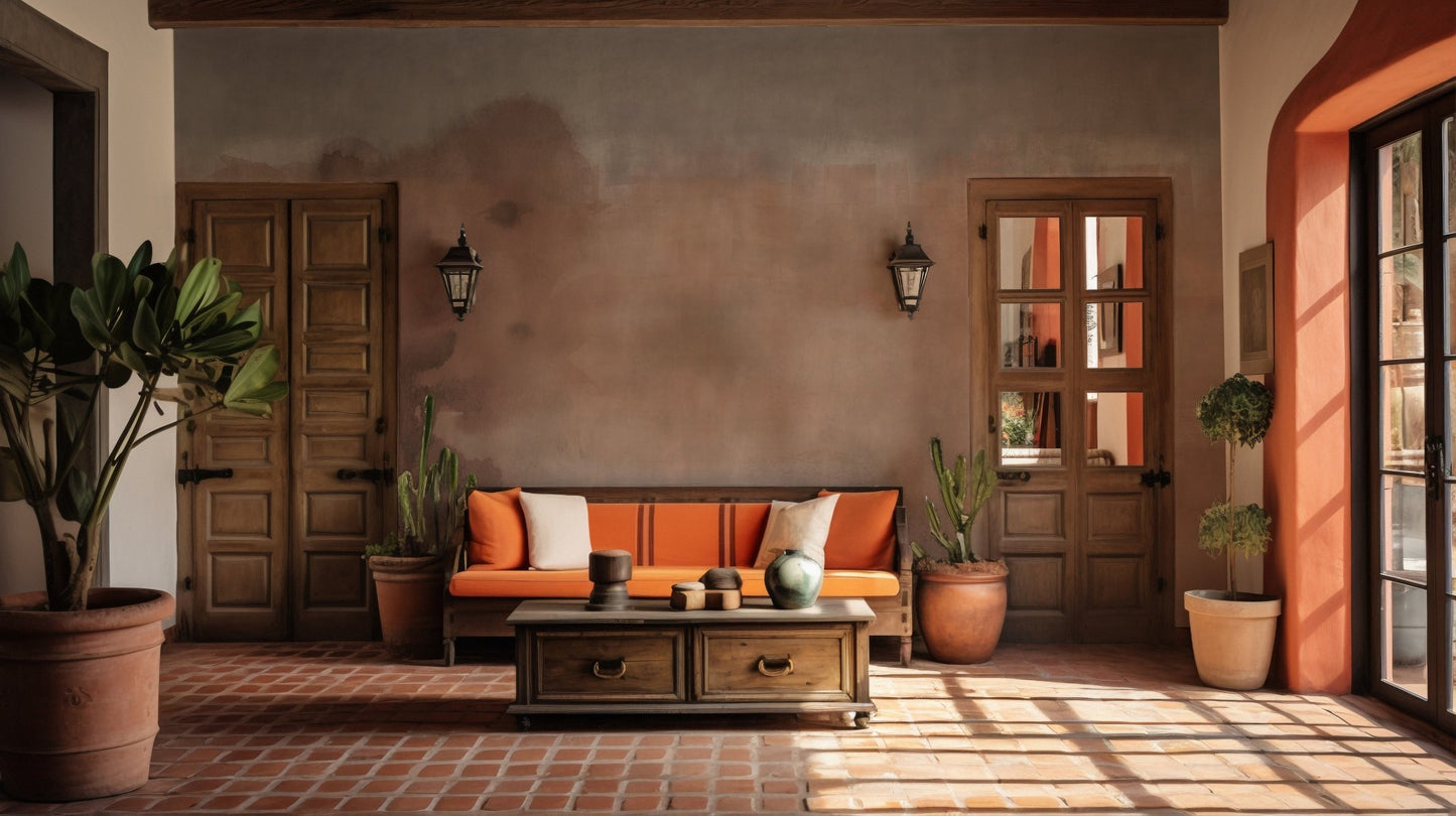 Terracotta floor living area with beige watercolor wall mural and orange sofa.